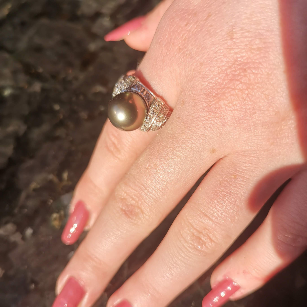 Art Deco Tahitian Pearl Diamond Ring - 1920s White Gold