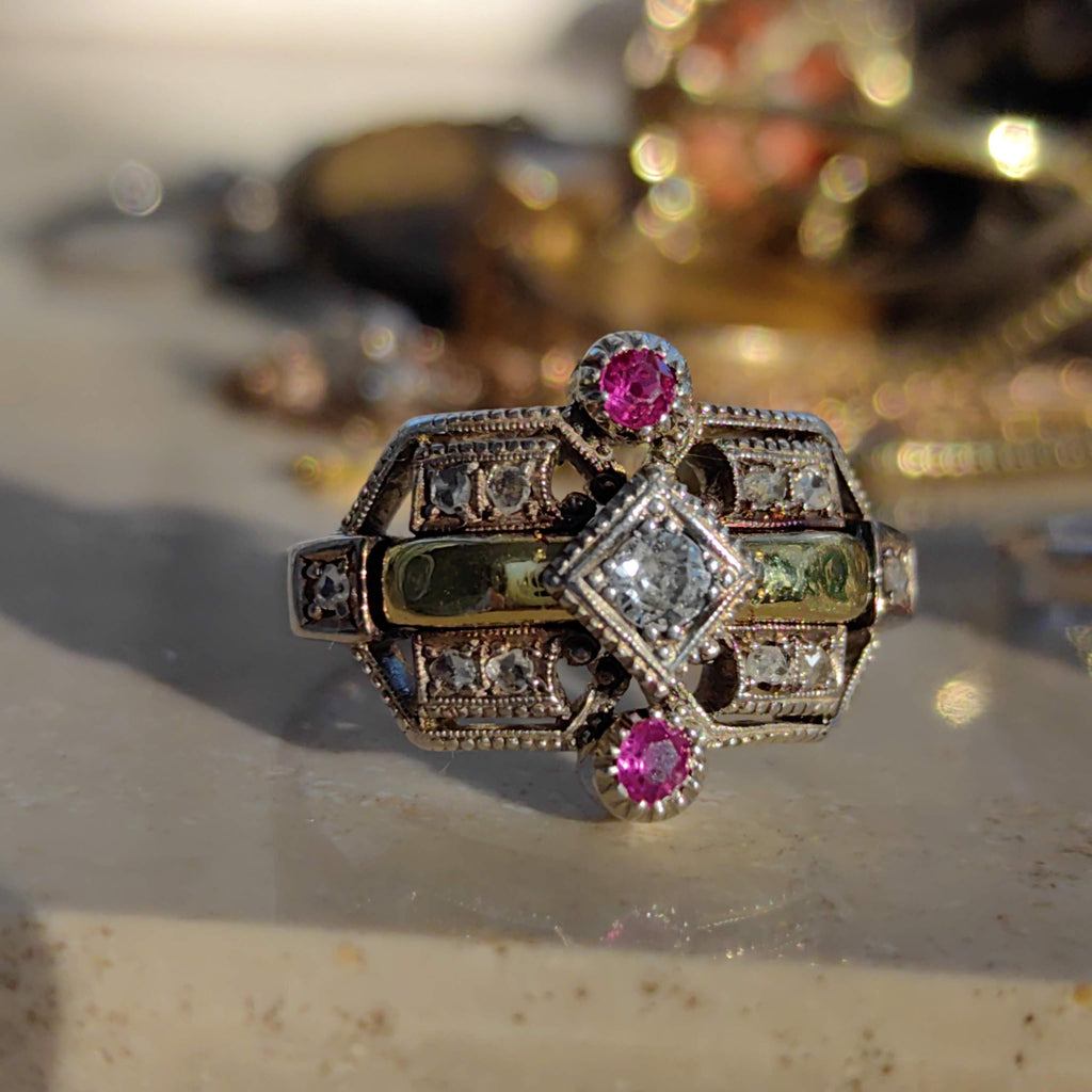 Art Deco Ruby Diamond Ring: 18k Yellow Gold Geometric Statement