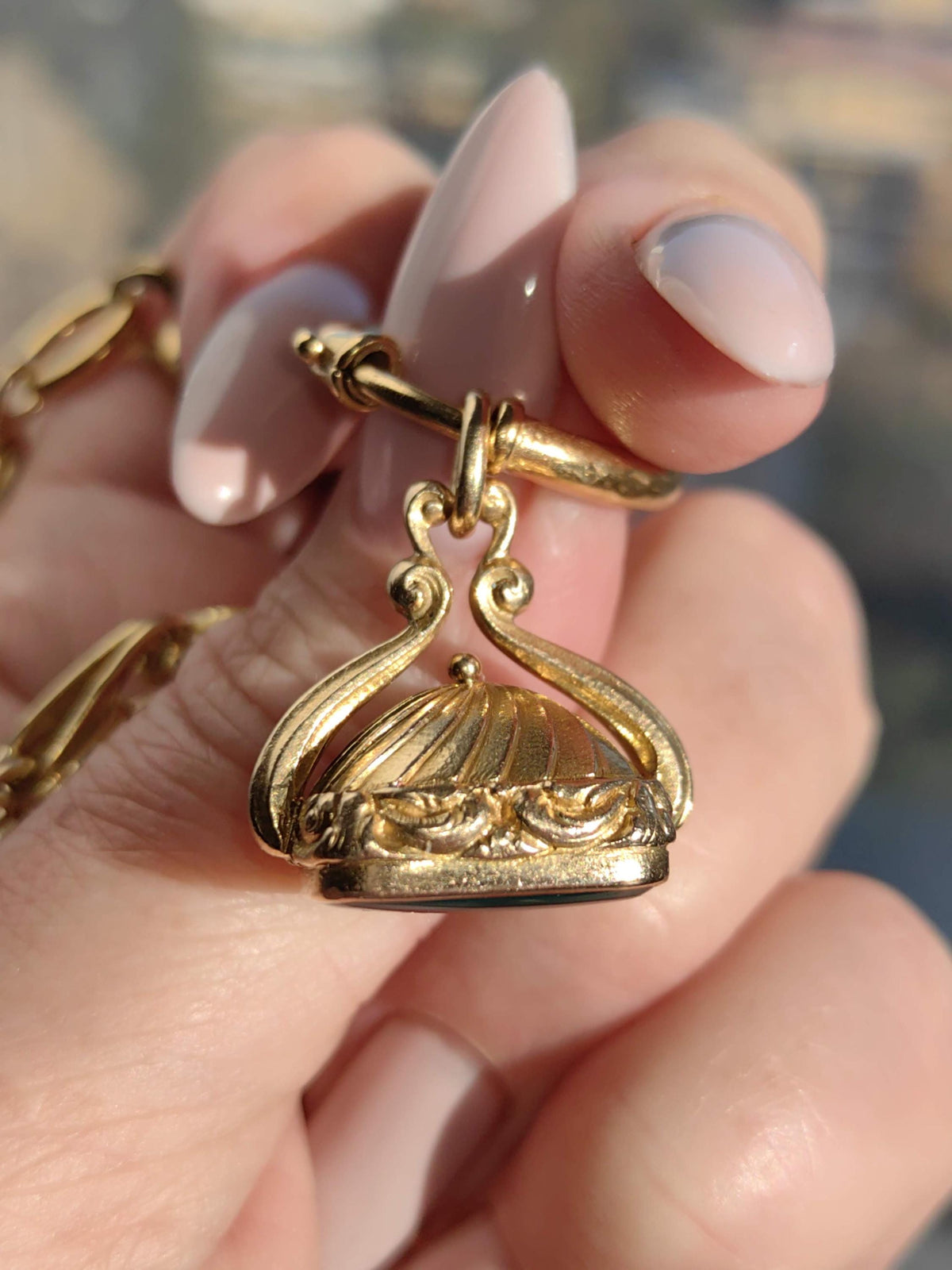 Victorian 14k Gold Chrysophrase Watch Fob Pendant: Hand-Chiseled 1880s Statement Piece