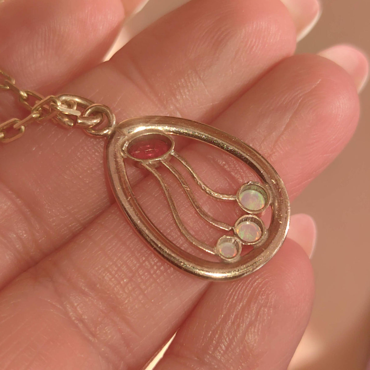 Vintage Opal Gold-Filled Metal Floral Flower Pendant 1900s Art Nouveau Elegant dainty Ruby Charm Necklace Medal Pendant Gift for Her Present