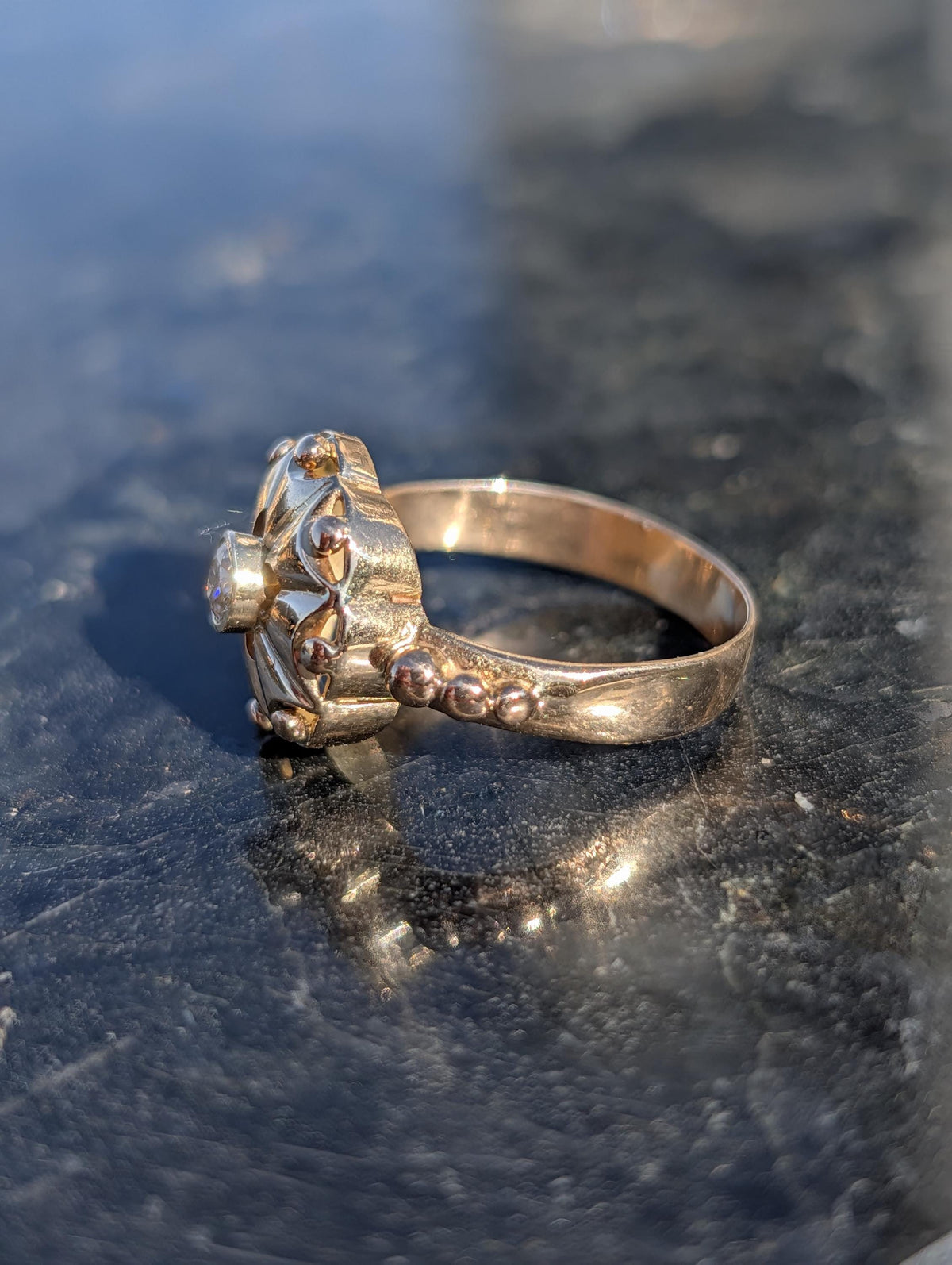 1920s Art Deco Diamond Ring 14k Yellow Gold, Old European Cut Diamond Statement Ring, Antique Floral Ring US 8.75