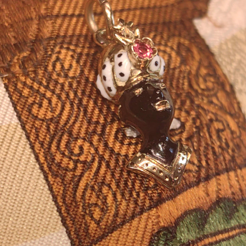 Antique Moor Ruby Moretti Vintage Solid 14k Gold charm White and Black Fire Enamel Gold Charm, 1900s Austrian Hungarian Monarchy Gift