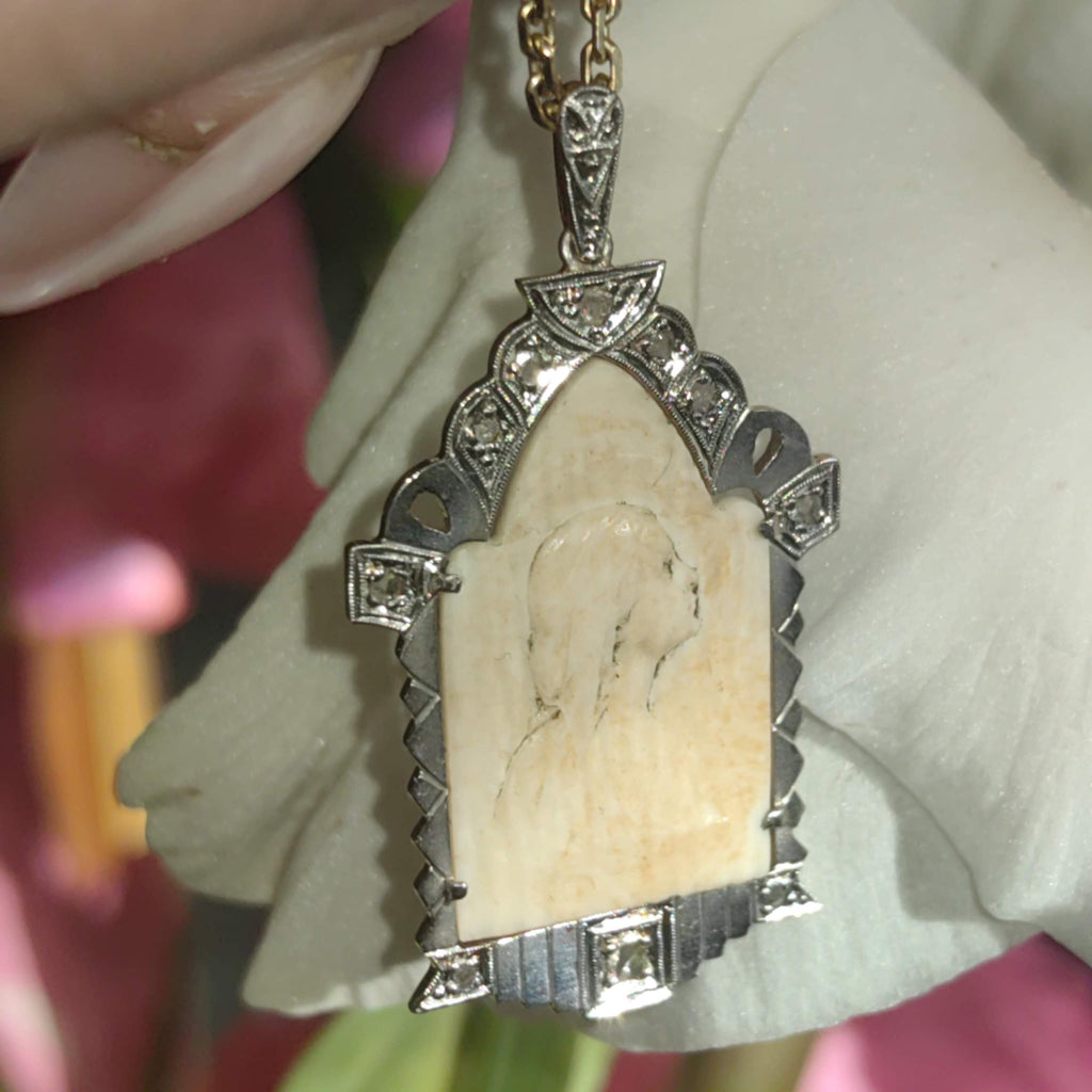 Vintage 1930s Diamond Bone Hand Carved Cameo Pendant 18k Gold & Platinum Bone Portrait Medal Antique Present