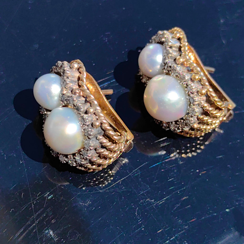 Art Deco 18k Solid Yellow Gold Natural Gray Sea Pearl Diamond Earrings 1930s Vintage Omega Closures Statement Earrings Gift for Her