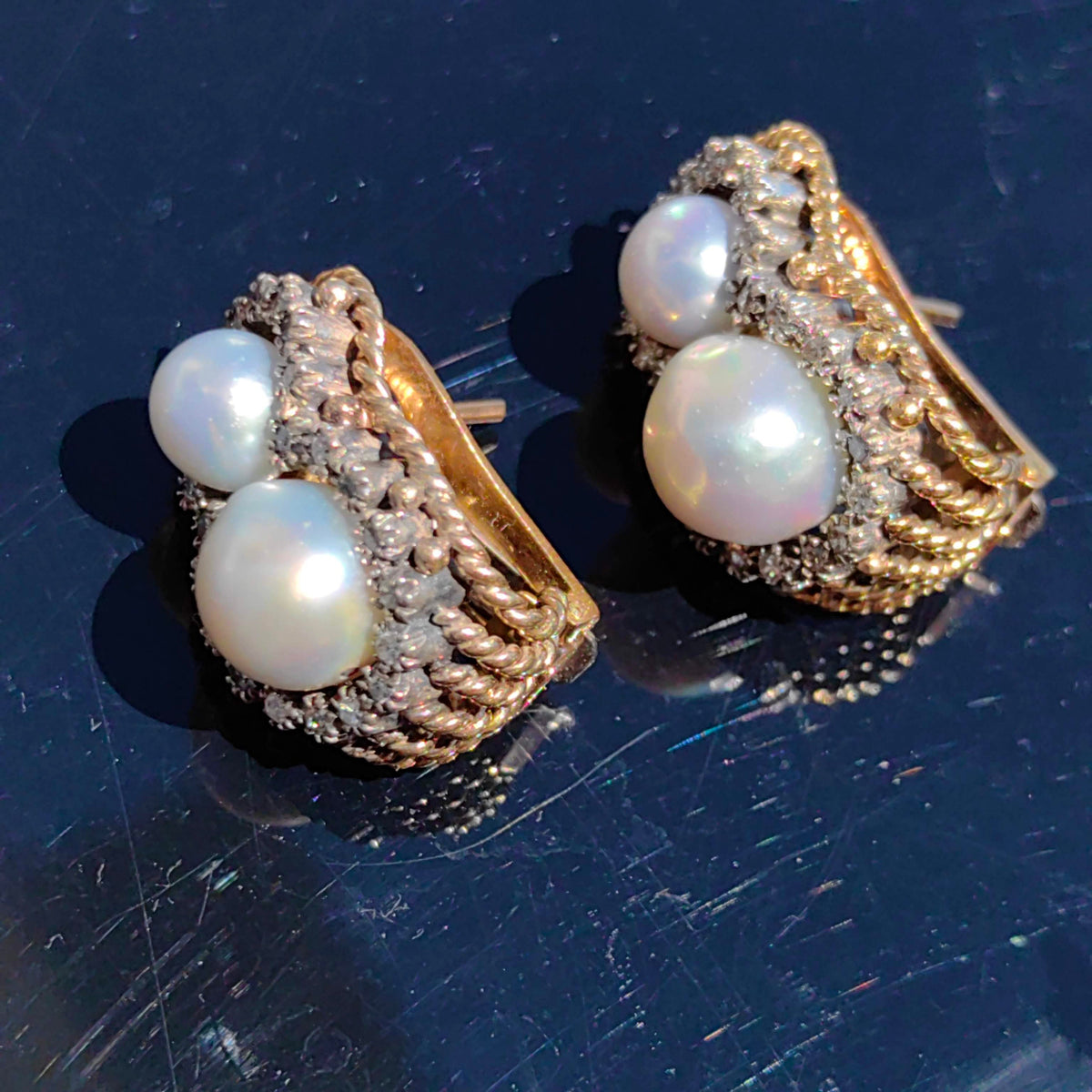 Art Deco 18k Solid Yellow Gold Natural Gray Sea Pearl Diamond Earrings 1930s Vintage Omega Closures Statement Earrings Gift for Her