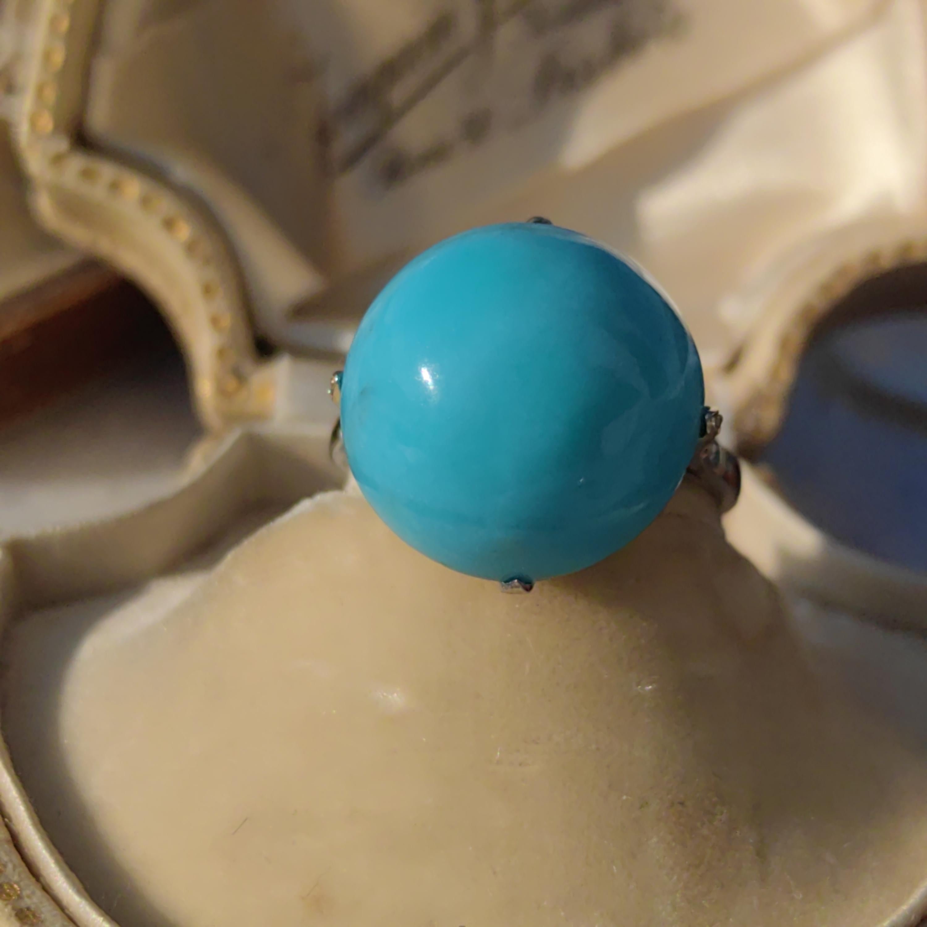 1920s Art Deco 18K White Gold Natural Blue Turquoise Diamond Ring, French Hallmark Antique Statement Engagement Jewelry