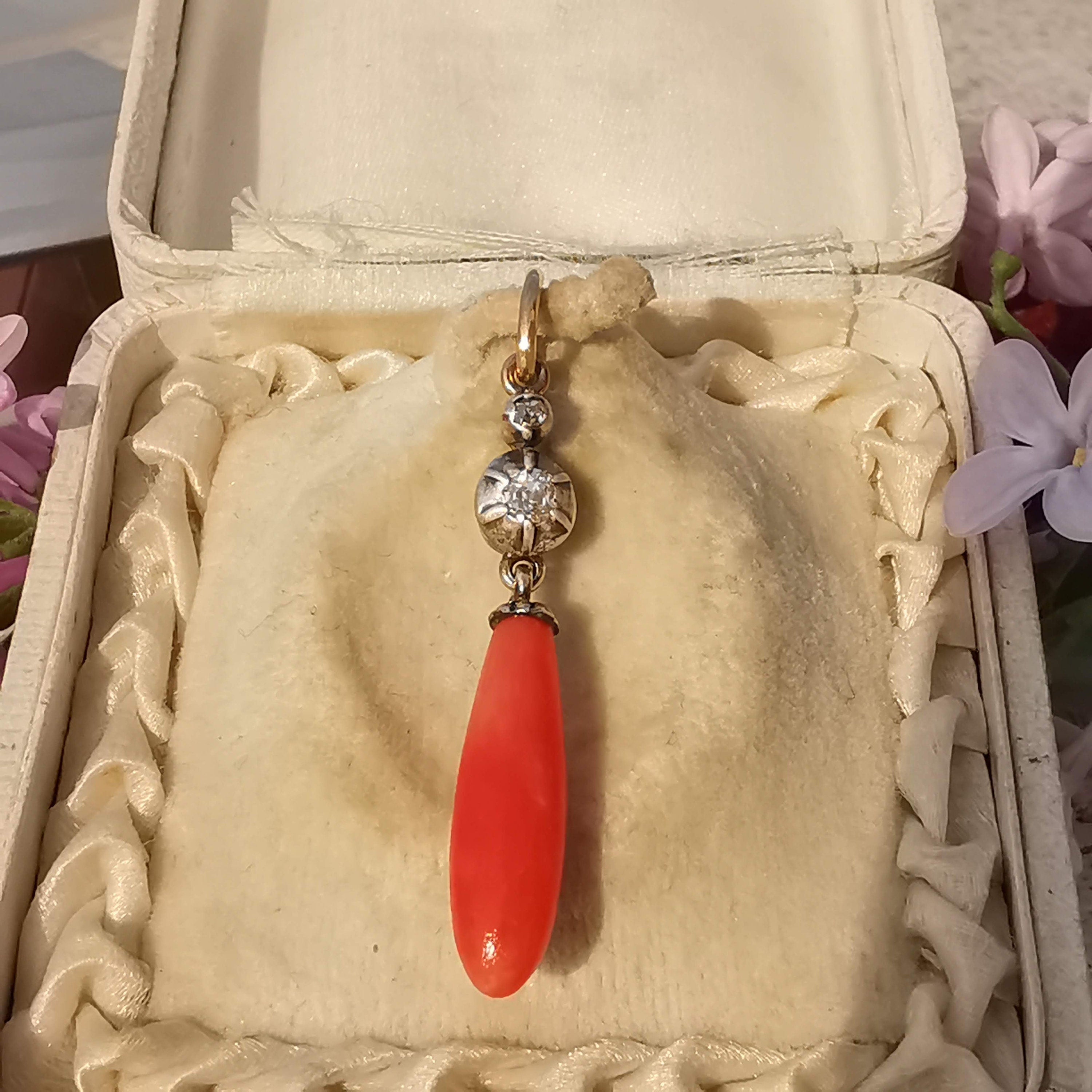 Victorian Red Mediterranean Natural Coral Diamond Pendant 14k Solid Yellow Rose Gold & Silver Antique 1880s Drop Dangle Pendant Charm