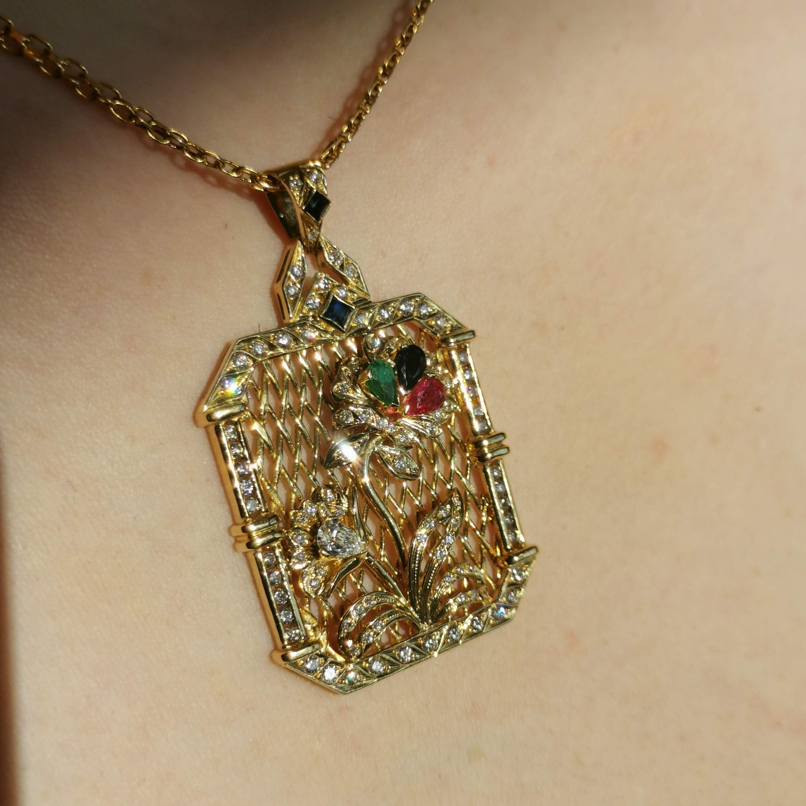 Art Deco 18k Gold Diamond Tutti Frutti Pendant: Emerald, Ruby, Sapphire