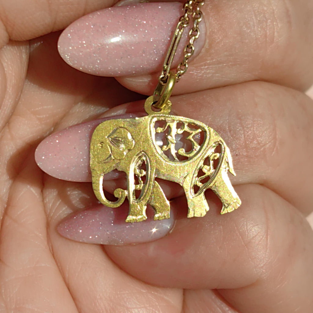 RESERVED FOR M.!!! 1900s Antique 18K Gold Elephant Pendant: Hand-Chiseled Filigree Charm