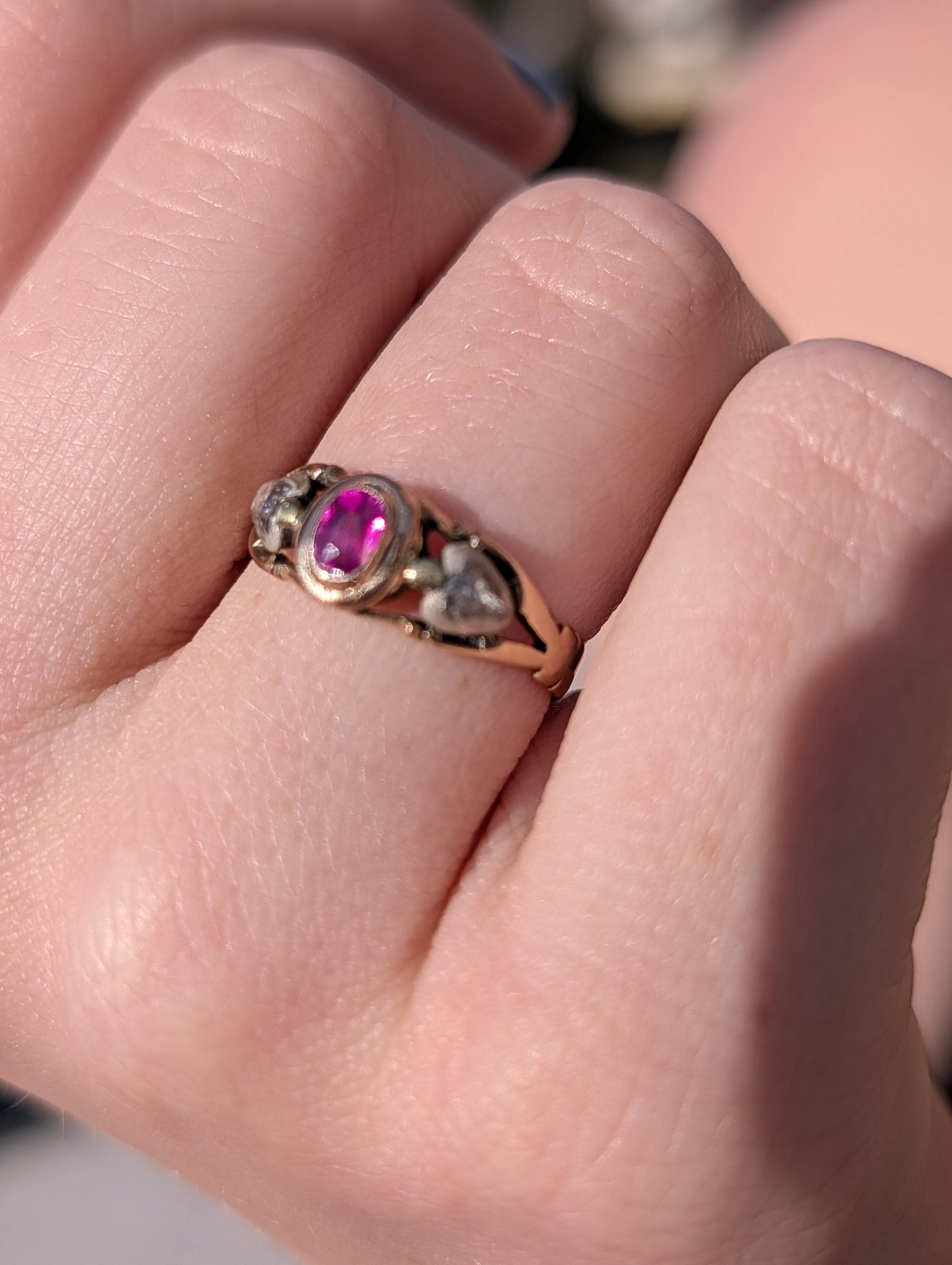 Victorian Ruby Rose Cut Diamond Ring 14k Yellow Rose Champagne Gold Silver, Antique 1890s Gypsy Alliance Band Engagement Gift for Her