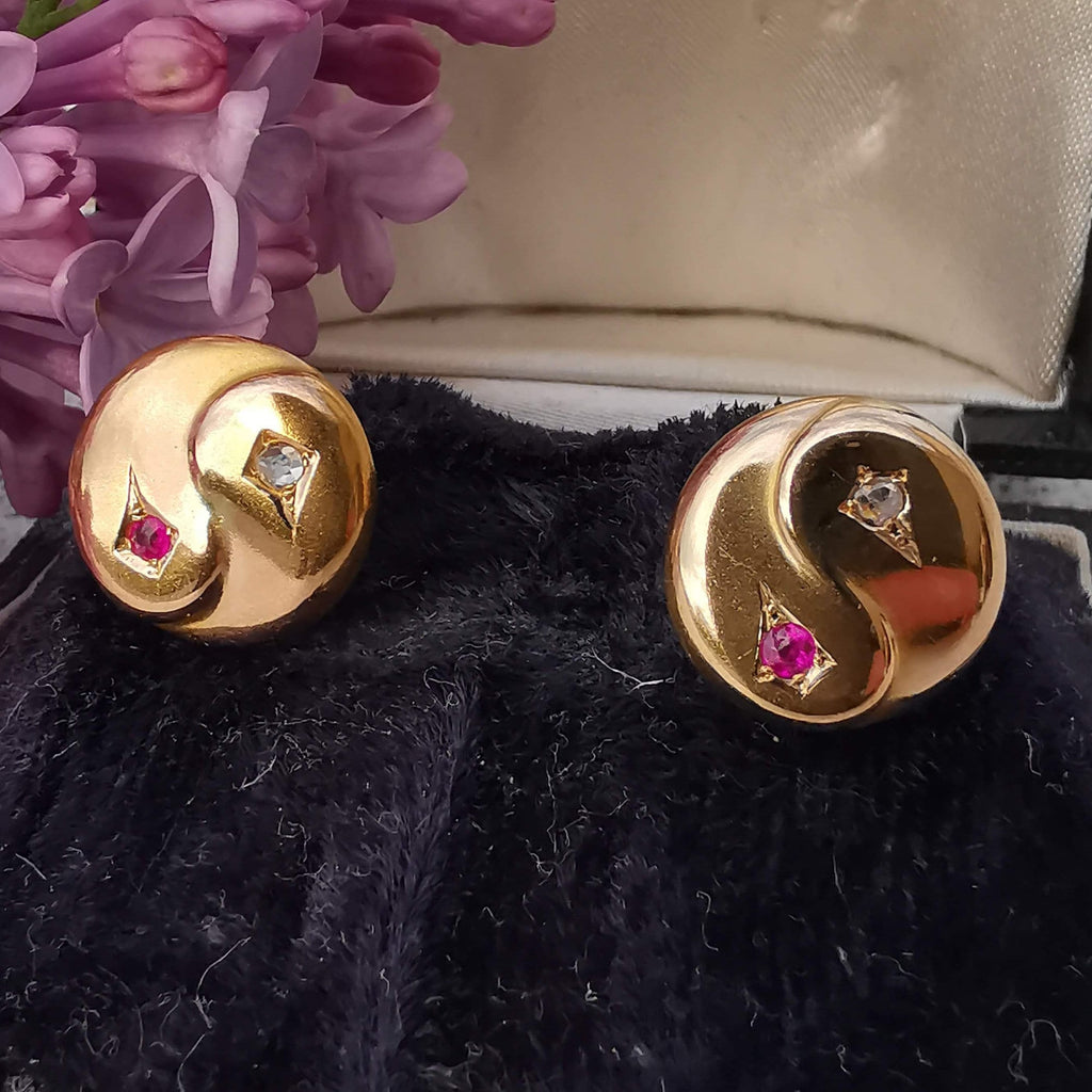 Art Deco Yin-Yang Earrings: Vintage 14k Gold Ruby Diamond Studs