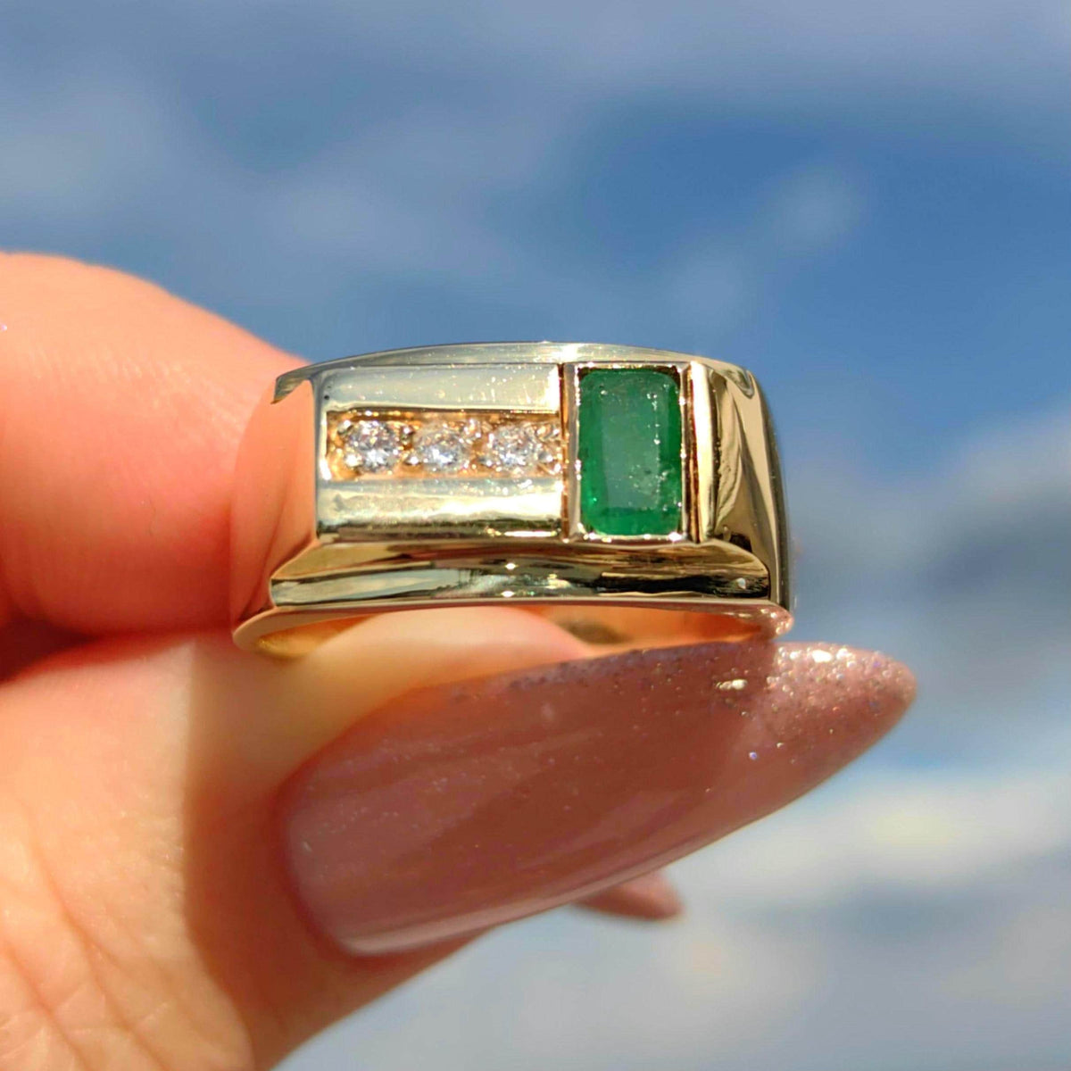 14k Yellow Gold Emerald & Diamond Ring: 1980s Geometric Statement