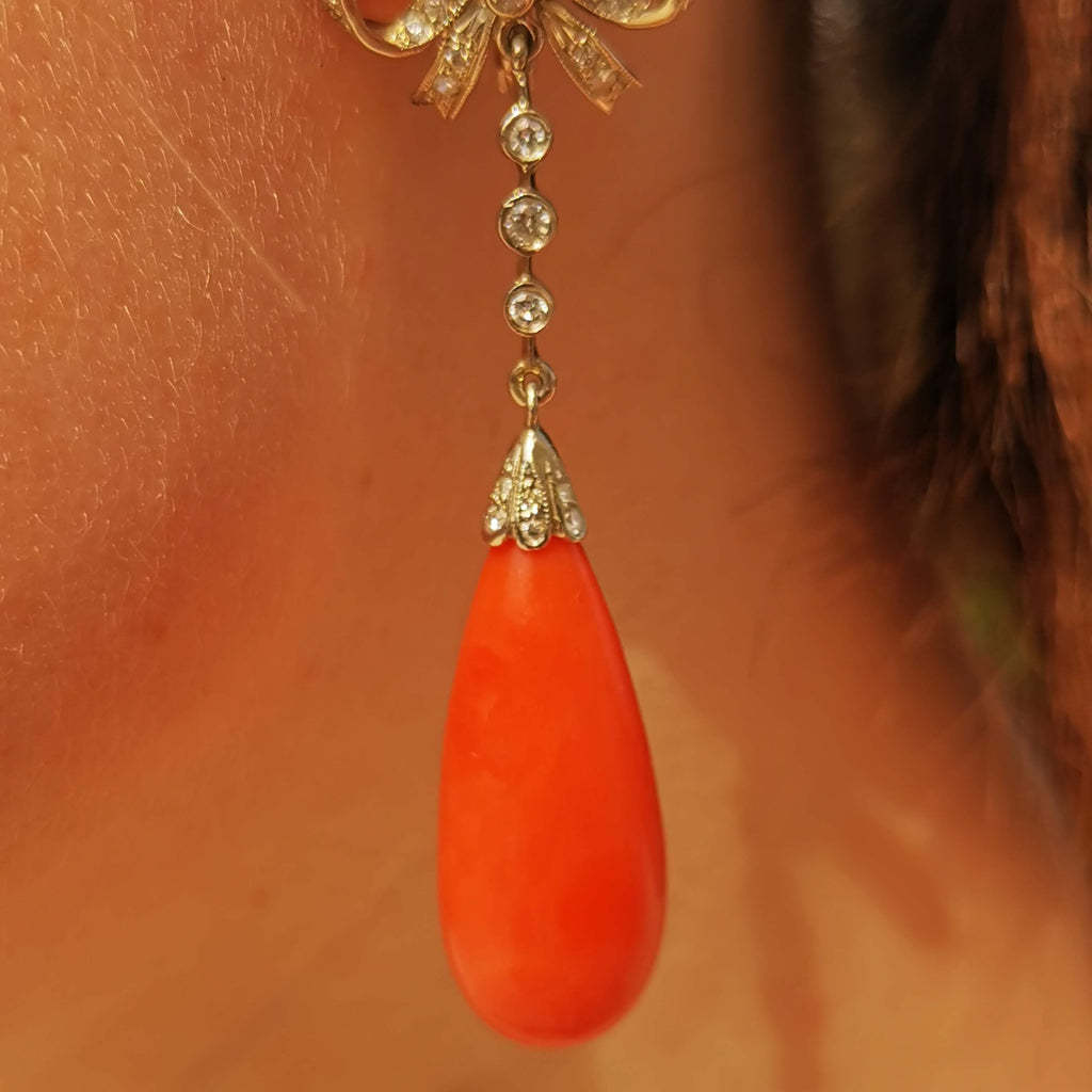 Edwardian Coral Diamond Dangle Earrings 14k Gold 1.3ct Antique 1910s Drop Earrings