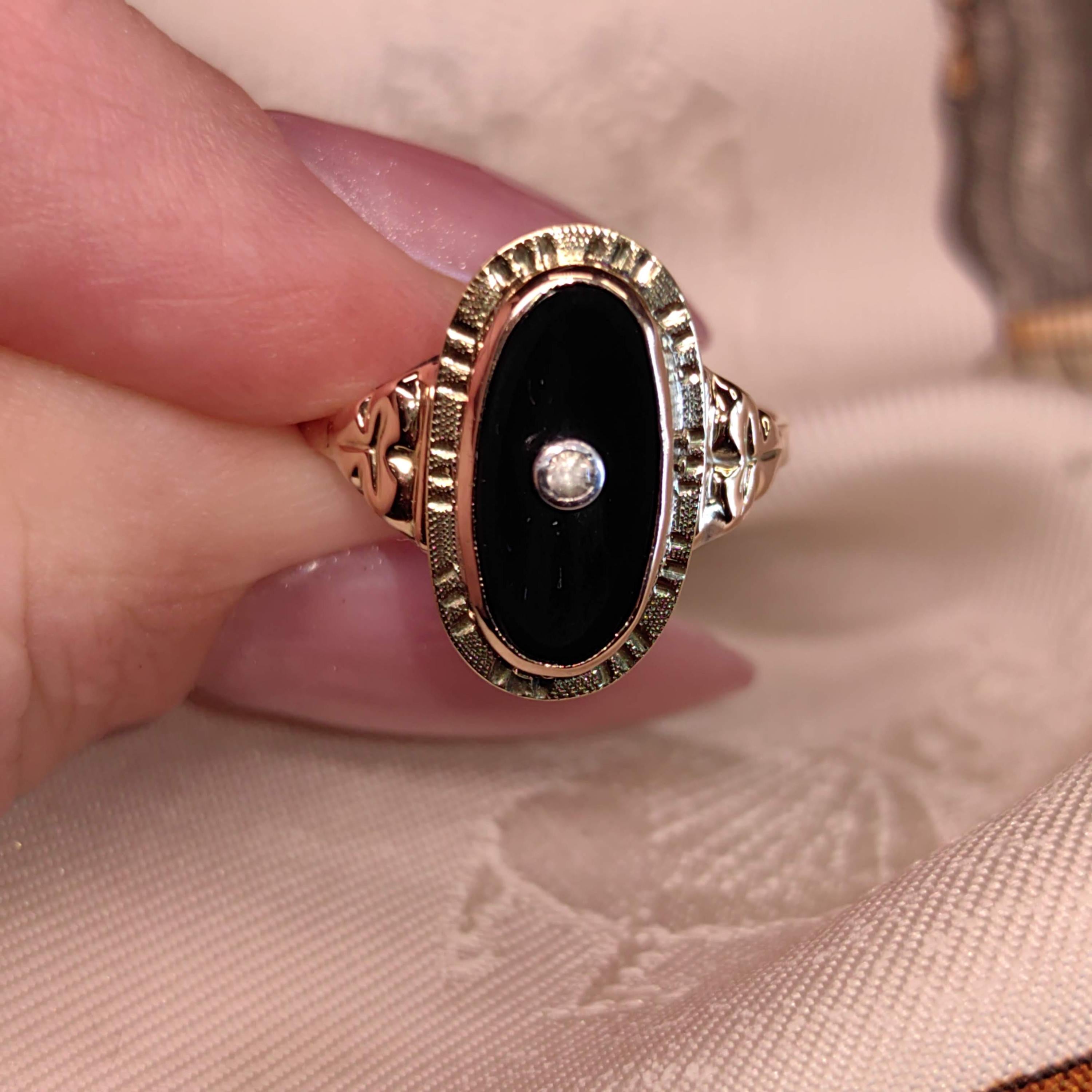 Art Deco 1920s Onyx Diamond Ring 14k Solid Yellow Gold Old European Cut Antique Black Onyx Statement Vintage Ring Gift for Her Estate Jewels