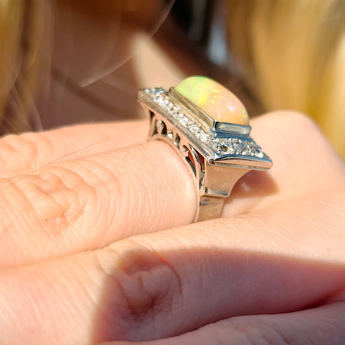 Art Deco Antique Vintage Diamond and Opal 14k White Gold Statement Ring