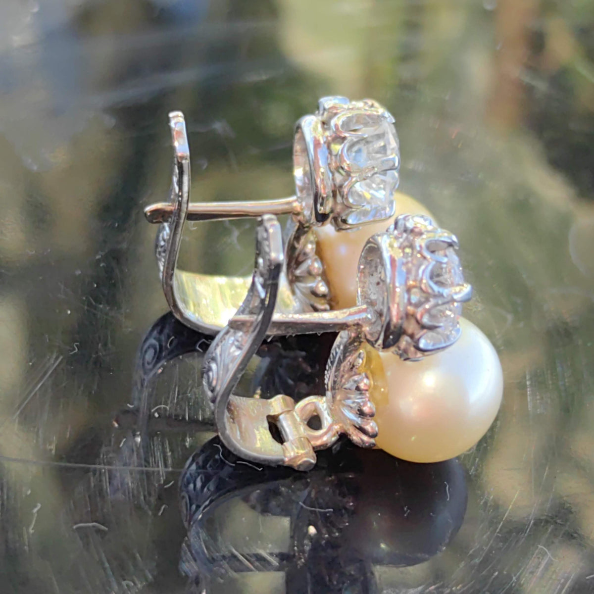 Art Deco Pearl Earrings: White Sapphire 18k White Gold, Handmade 1930s Style
