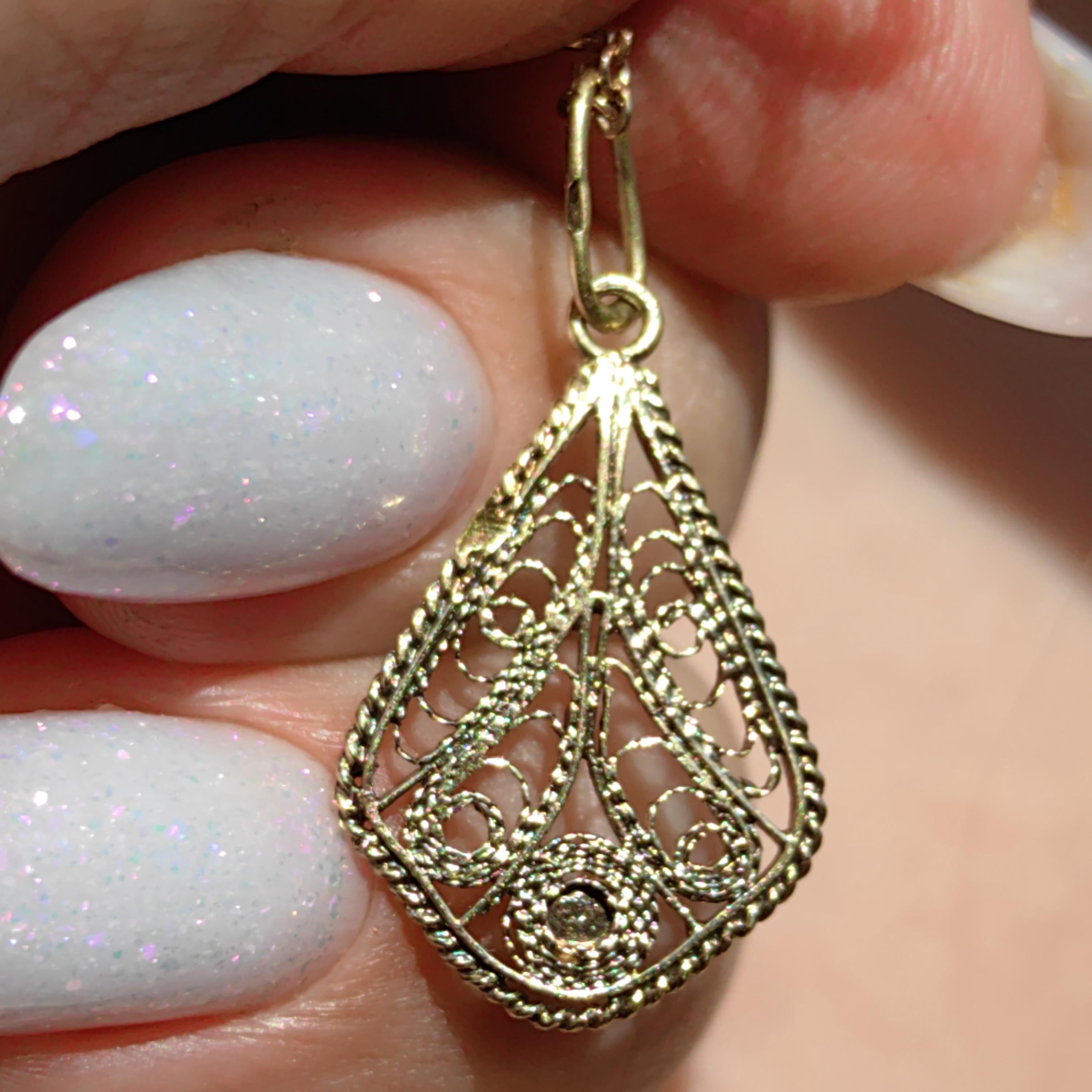 Victorian Emerald Pendant: 14k Yellow Gold Filigree, Hand-Chiseled Floral Charm