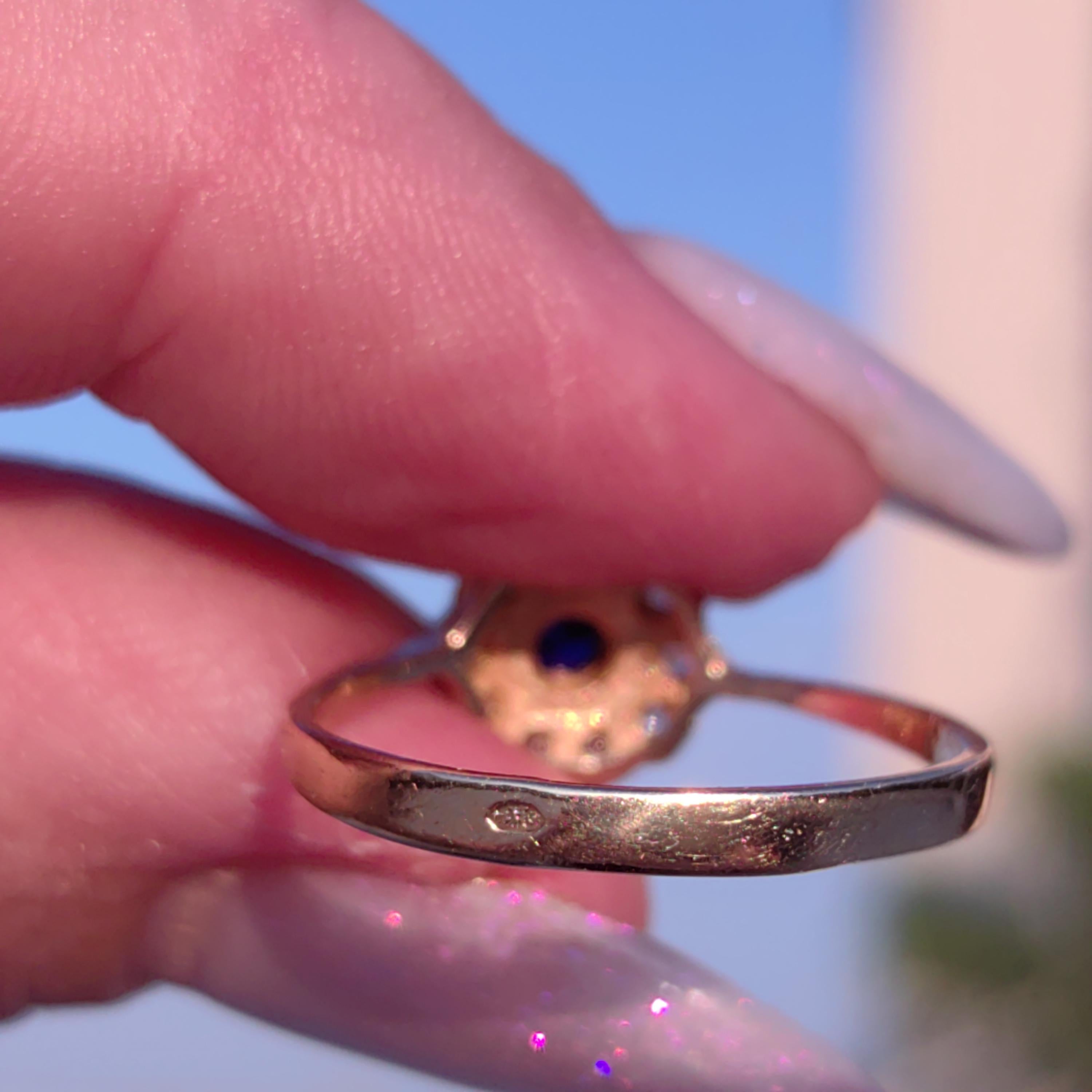 Mid-Century Sapphire Diamond Ring: 14k Gold Floral Engagement Ring, Size 8