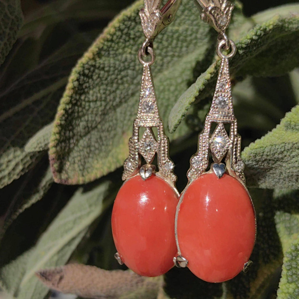 Art Deco Coral Diamond Earrings: 14k Yellow Gold Dangle Earrings