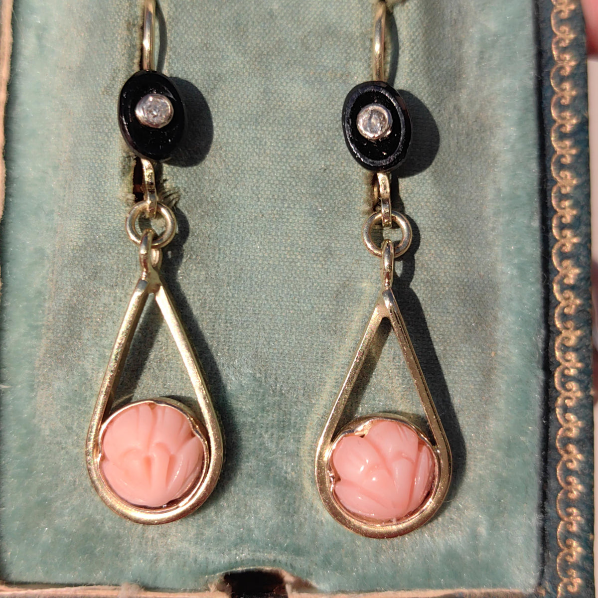 Art Deco Coral Dangle Earrings: Diamond, Onyx, 14k Gold, 1940s Vintage