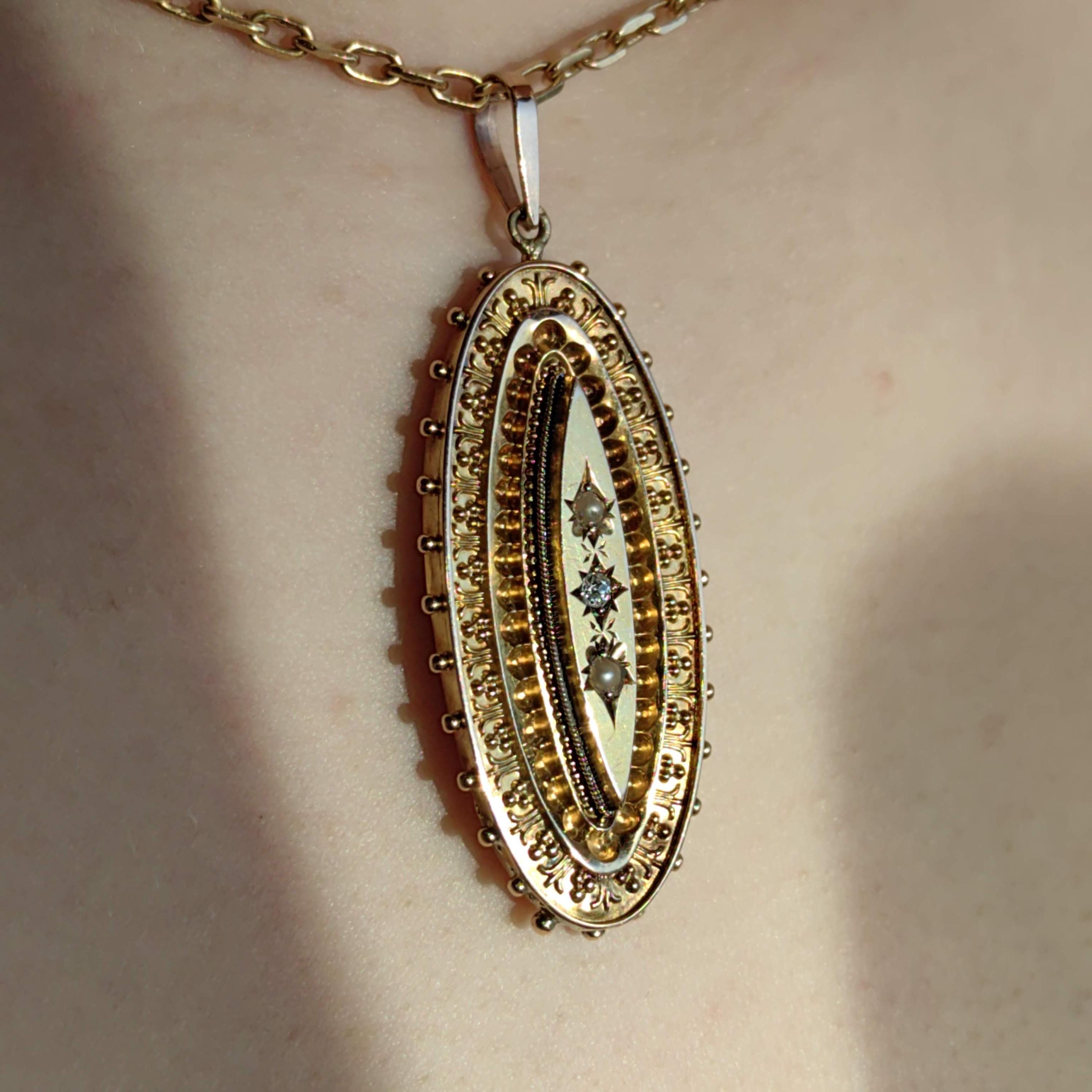 Victorian 15k Gold Locket Pendant: Diamond & Pearl Picture Frame, 1880s