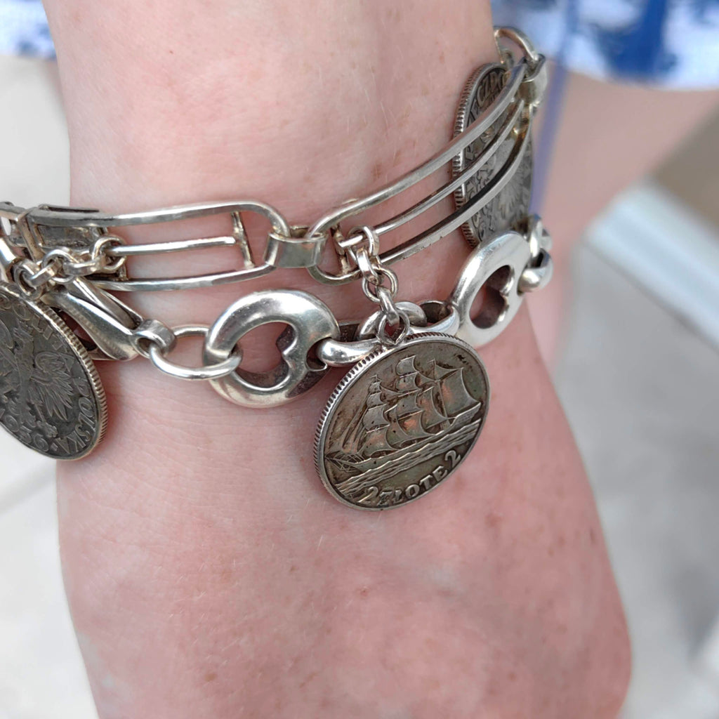 Vintage Sterling Silver Polish Ship Coin Charm Bracelet: Nautical Jewelry