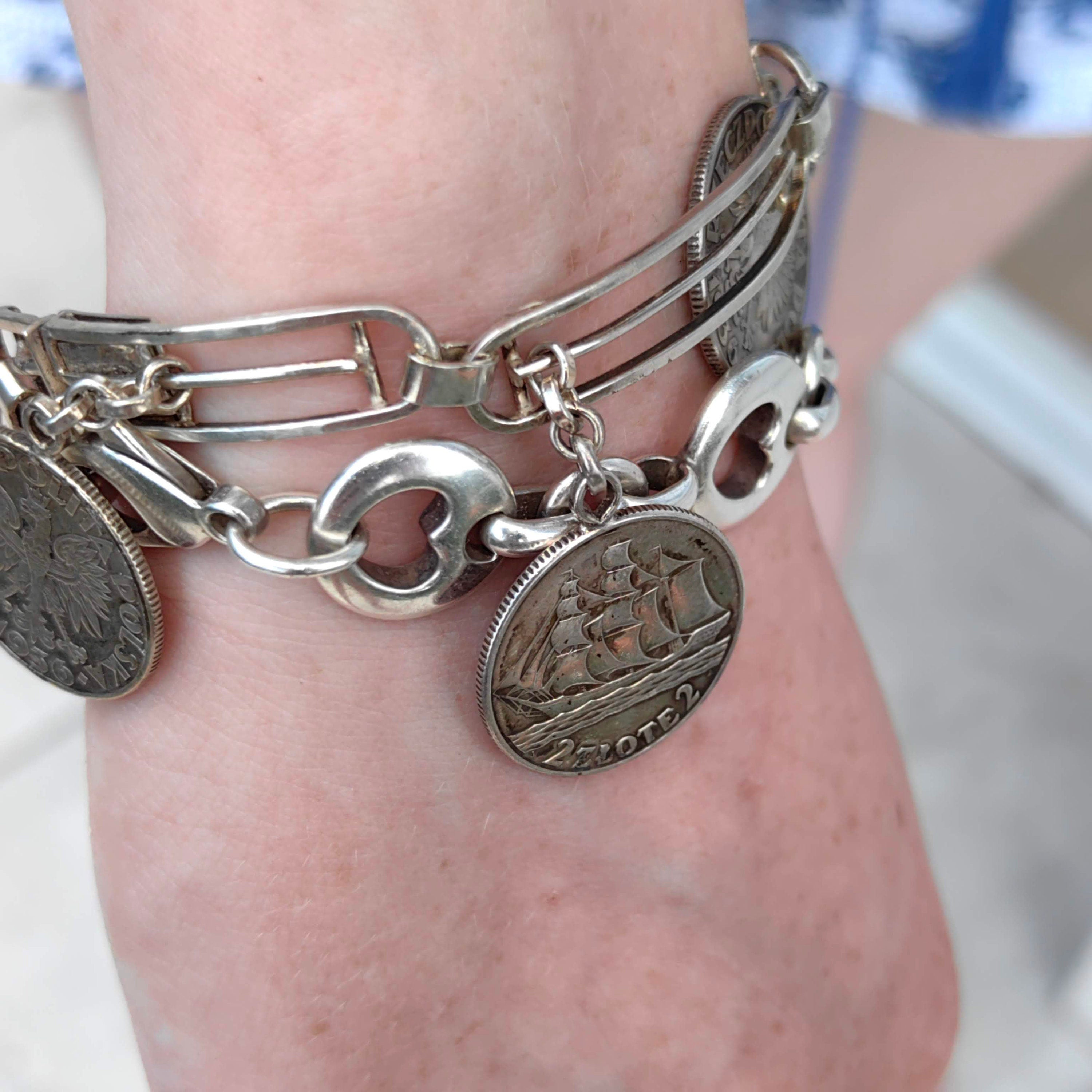 Vintage Sterling Silver Polish Ship Coin Charm Bracelet: Nautical Jewelry