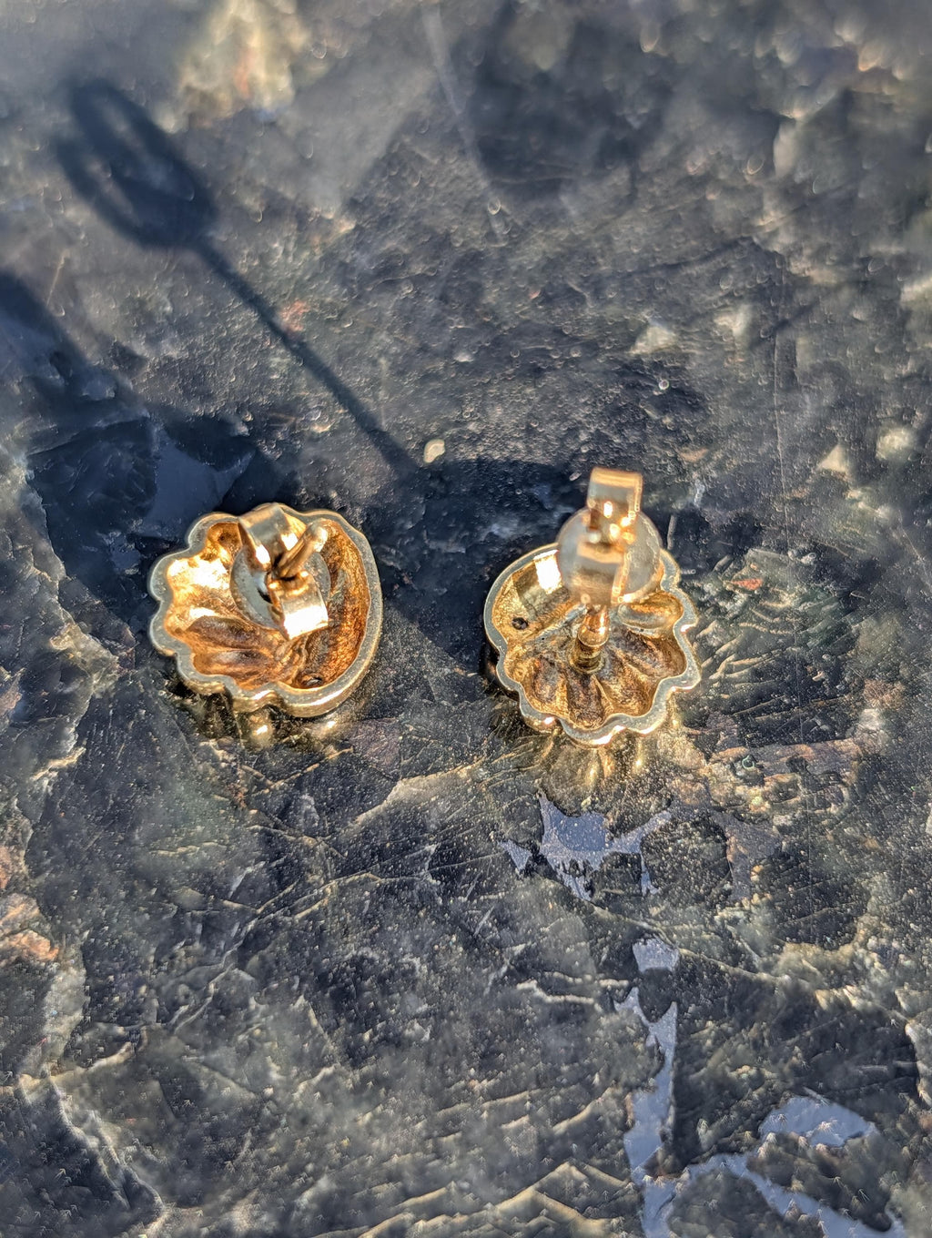 14k Two Tone Gold Diamond Shell Stud Earrings, Vintage Dainty Sea Ocean Earrings, 10mm Fine Jewelry Gift for Her Nautical Push Back