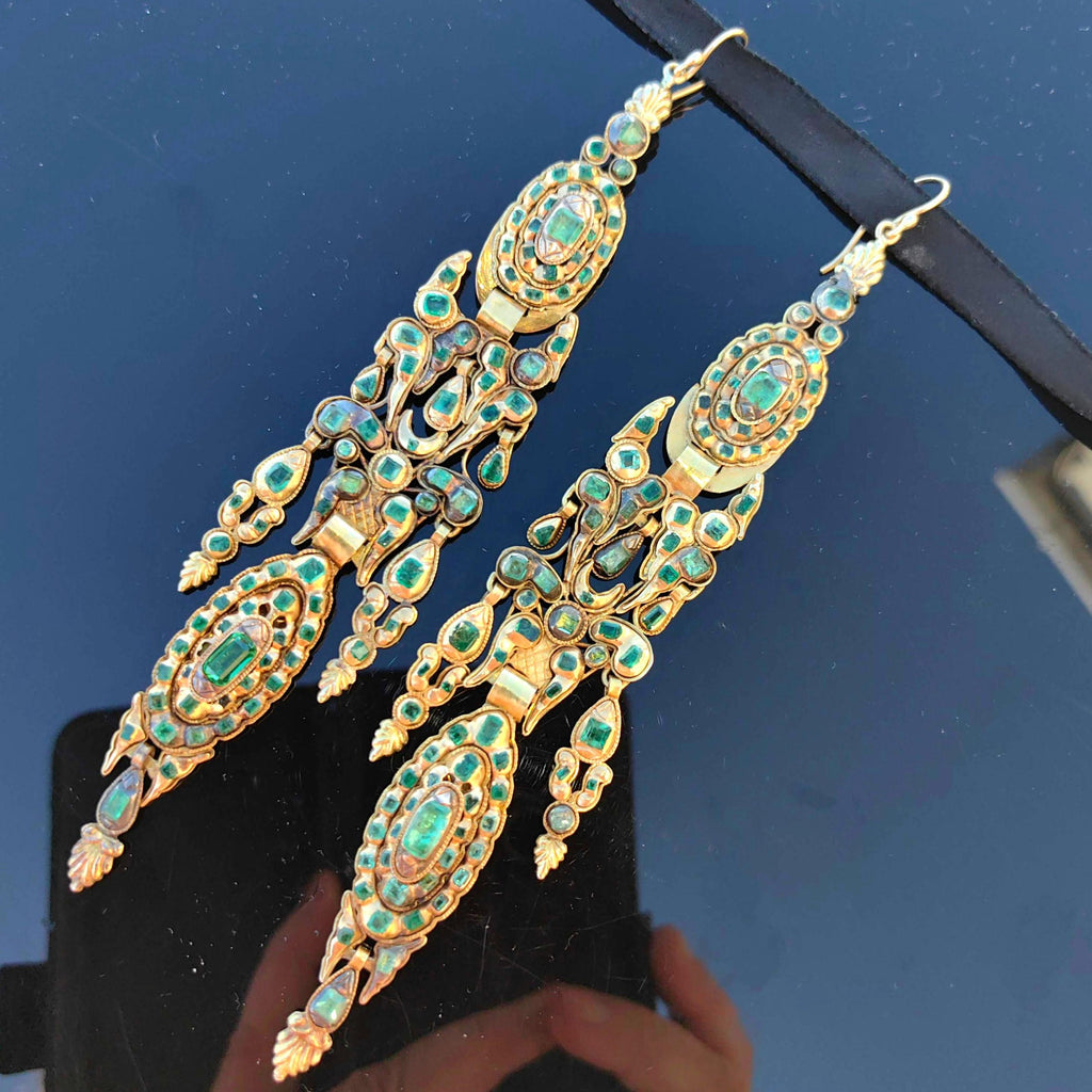 Antique Rococo Emerald Earrings: 18k Gold Baroque Dangle Earrings