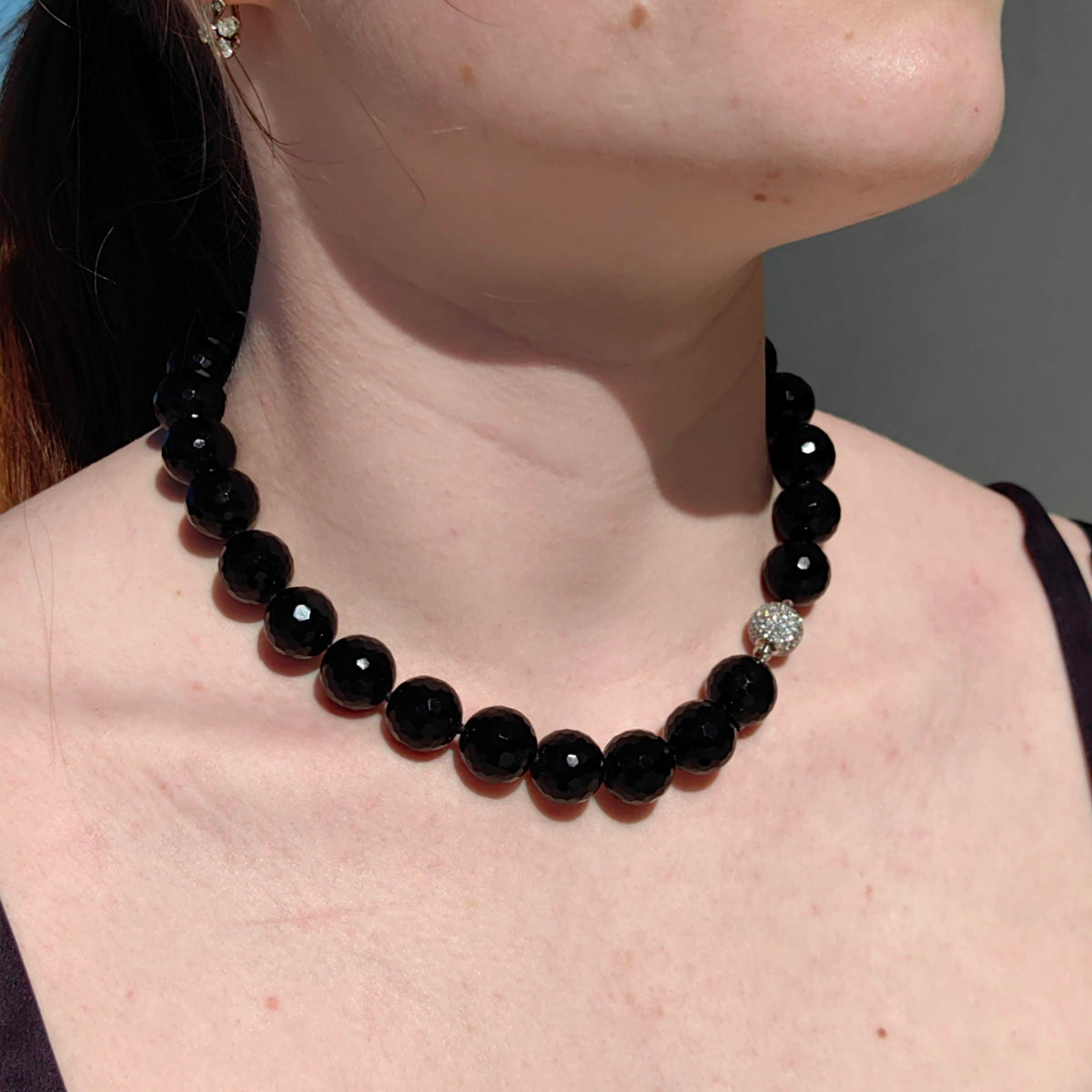 Art Deco 18k Solid hallmarked Yellow Gold Natural Diamond Onyx Beaded Statement Necklace 1940s Vintage Retro Antique Pendant Gift for her