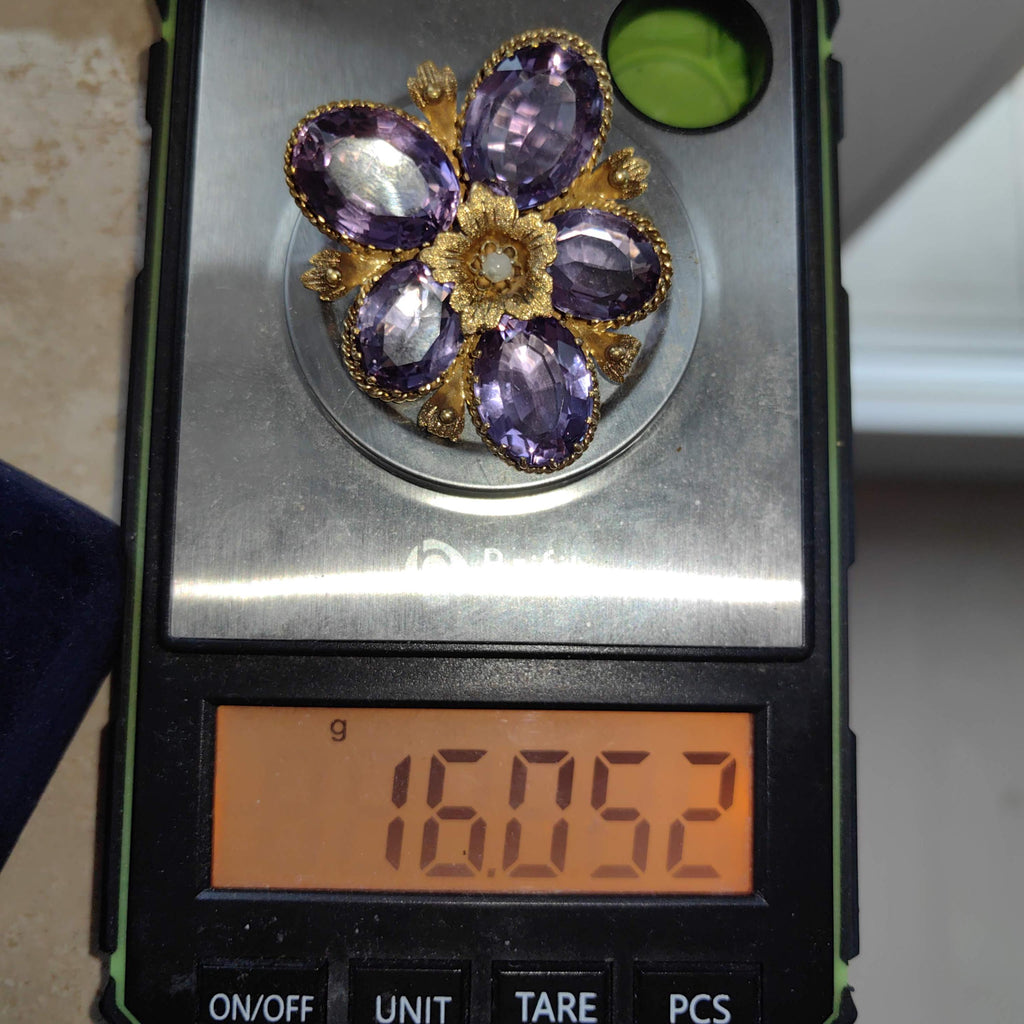Victorian Amethyst Pearl Floral Pendant Brooch, Gold Plated Silver (1880s)