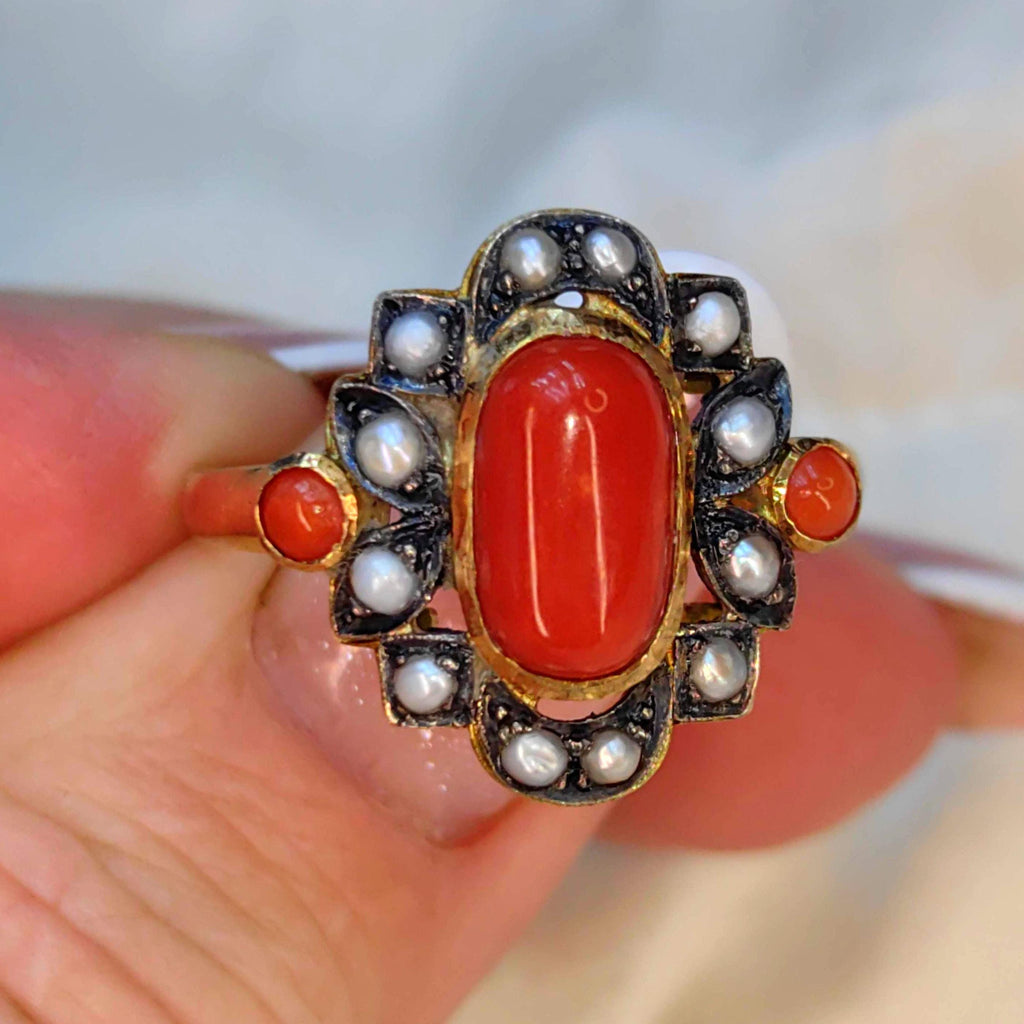 Art Deco 18k Solid Yellow Gold Bright Red Coral Gray Dainty Pearl Statement Ring Retro 1940s Geometric Ring Gift Present