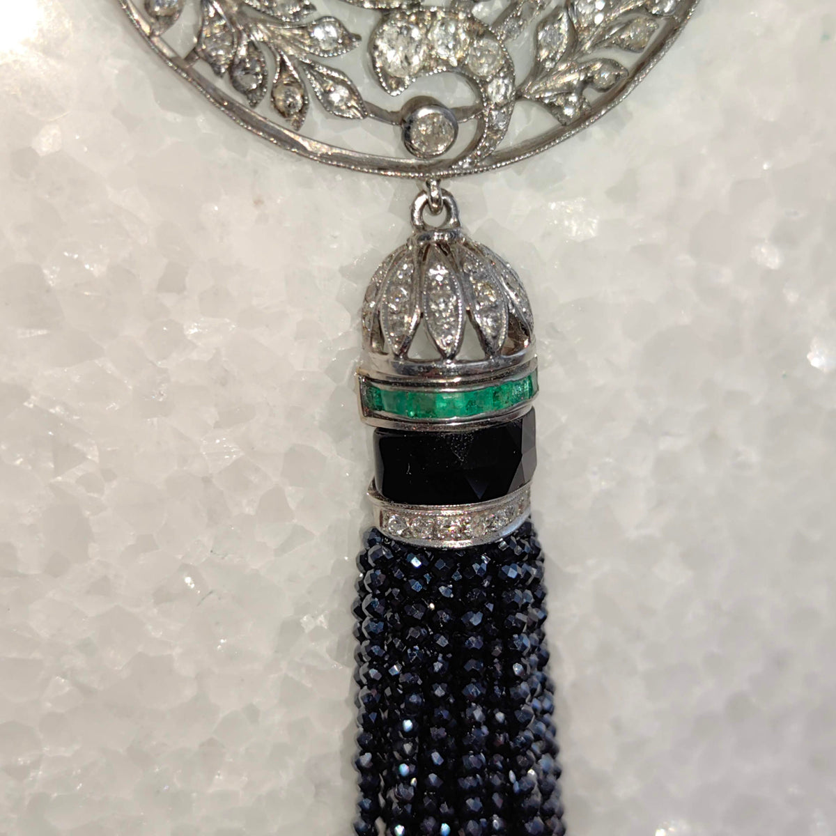 Art Deco Diamond Emerald Onyx Pendant Necklace: 14k Gold Pearl Chain