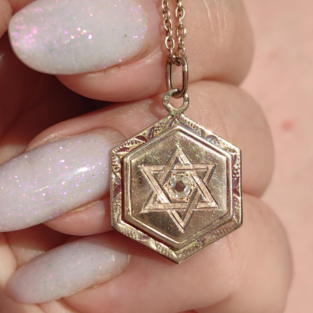 Diamond 14k Solid Yellow Gold Davids Star Jewish Judaica Vintage Antique Elegant Hand Carved Chiseled Pendant Charm Gift for Her