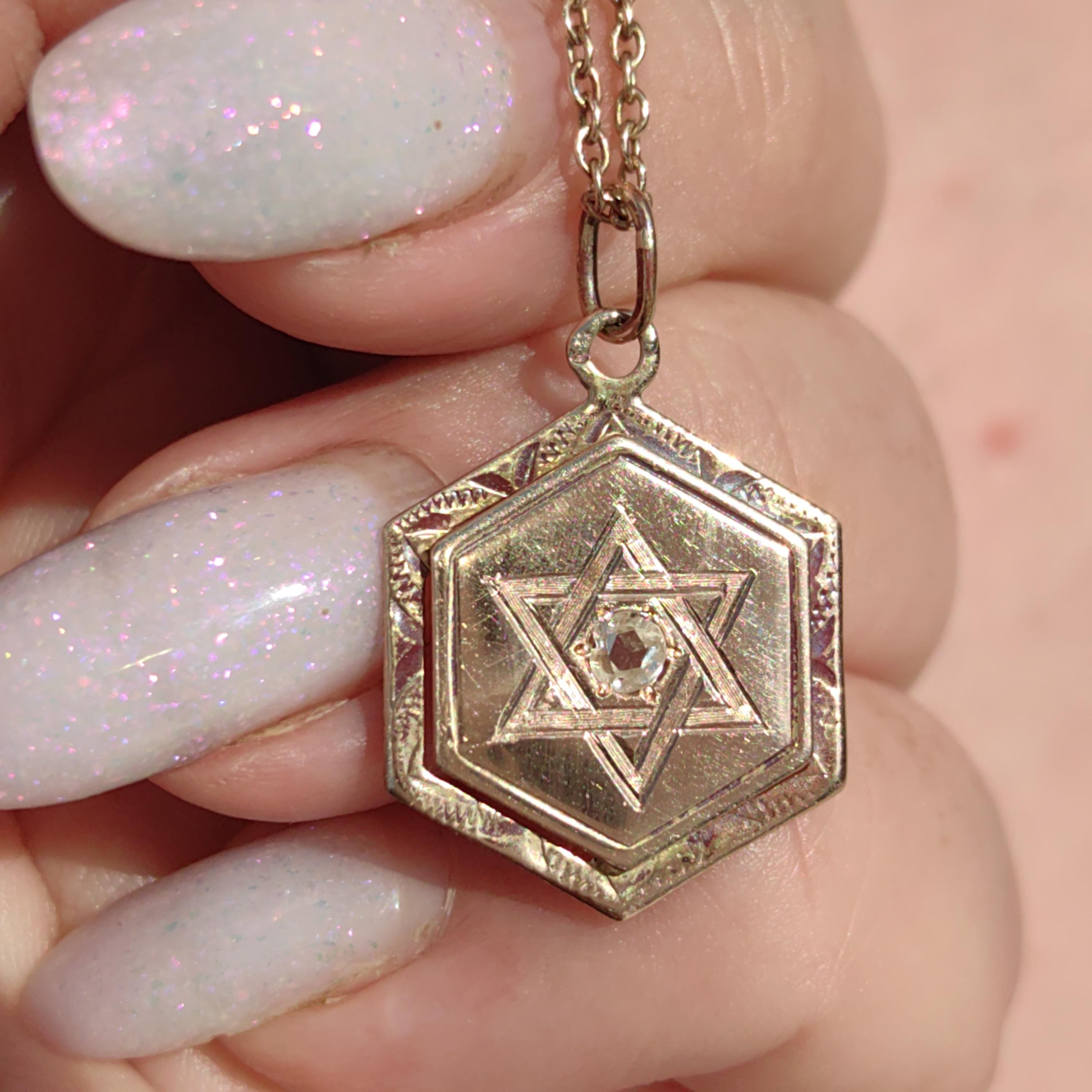 Diamond 14k Solid Yellow Gold Davids Star Jewish Judaica Vintage Antique Elegant Hand Carved Chiseled Pendant Charm Gift for Her