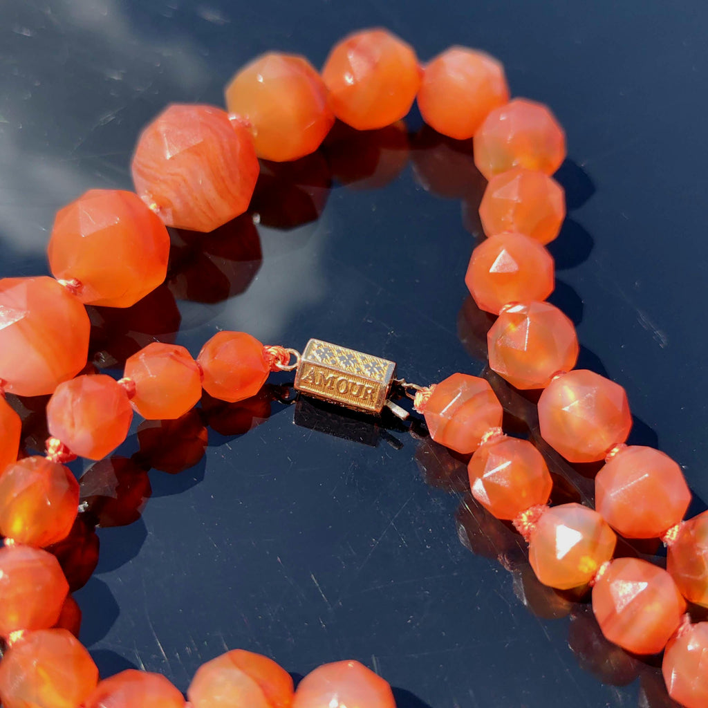 Antique Orange Agate Beaded Necklace: 14k Gold Amour Love Lock