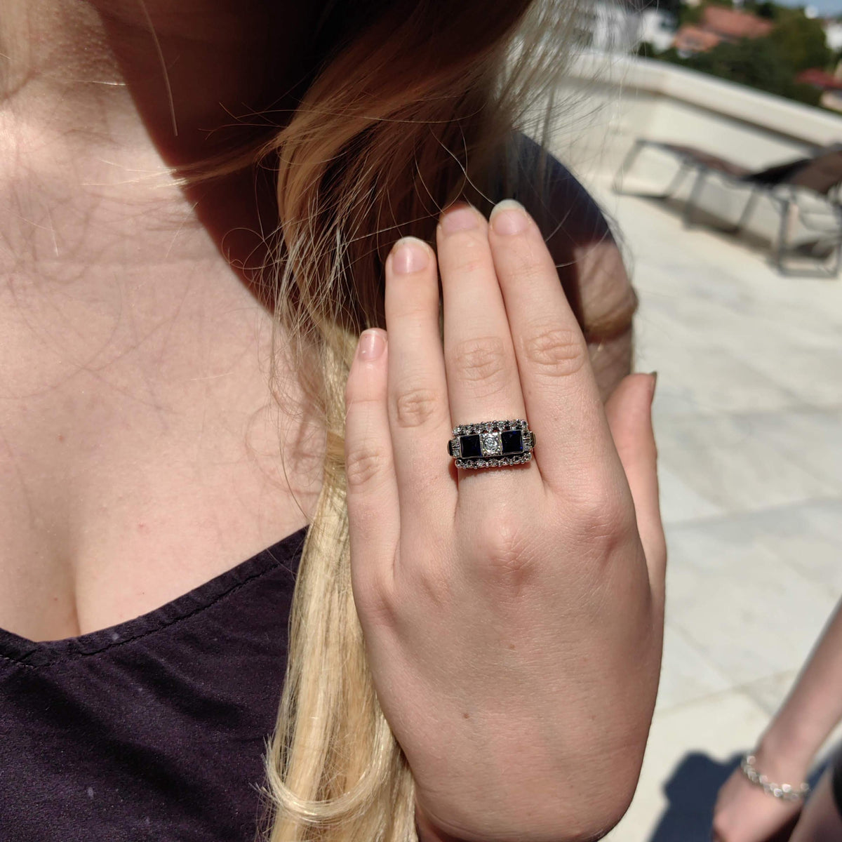 Art Deco 18k Gold Ring: Lab Sapphire & Diamond Chevalier Ring