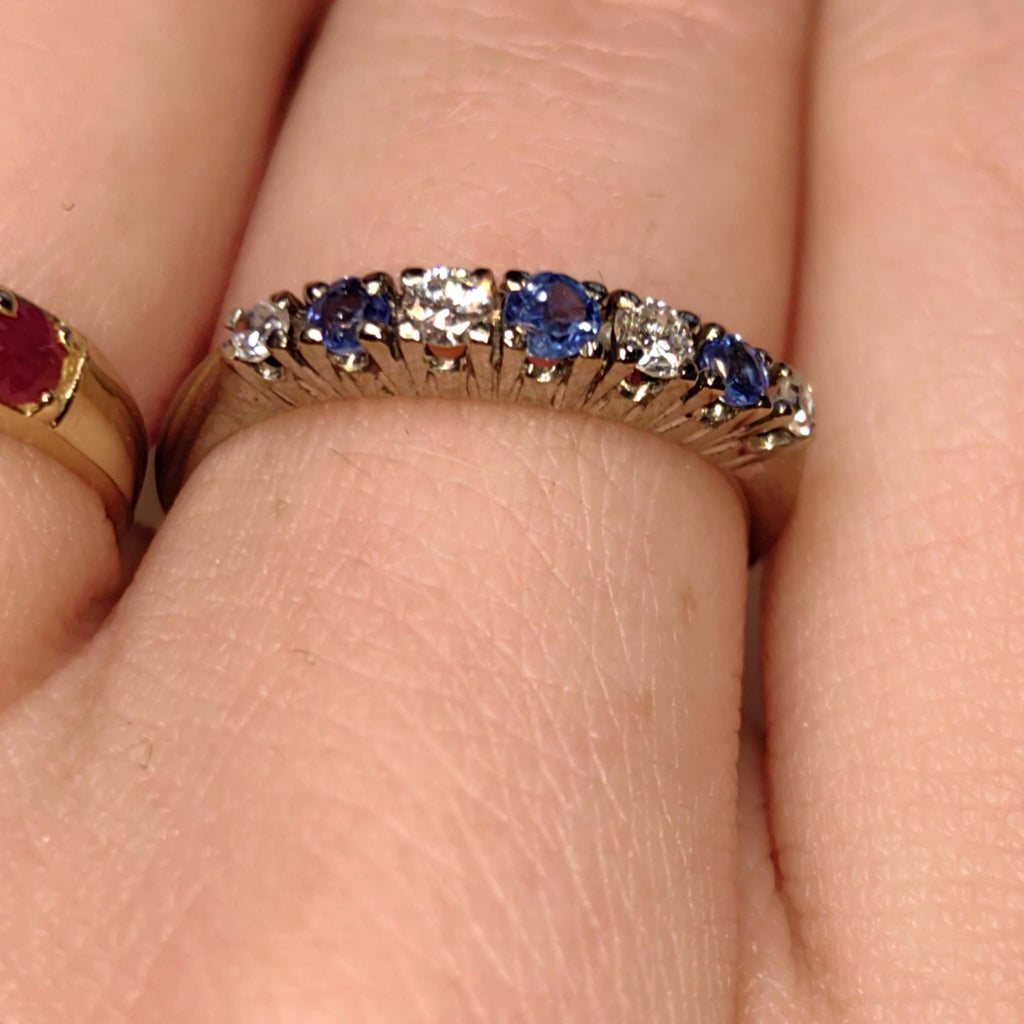 Vintage Sapphire Diamond Band 1950s Mid Century 18k White Gold Engagement Ring, Elegant Gift for Her Present Stackable Ring