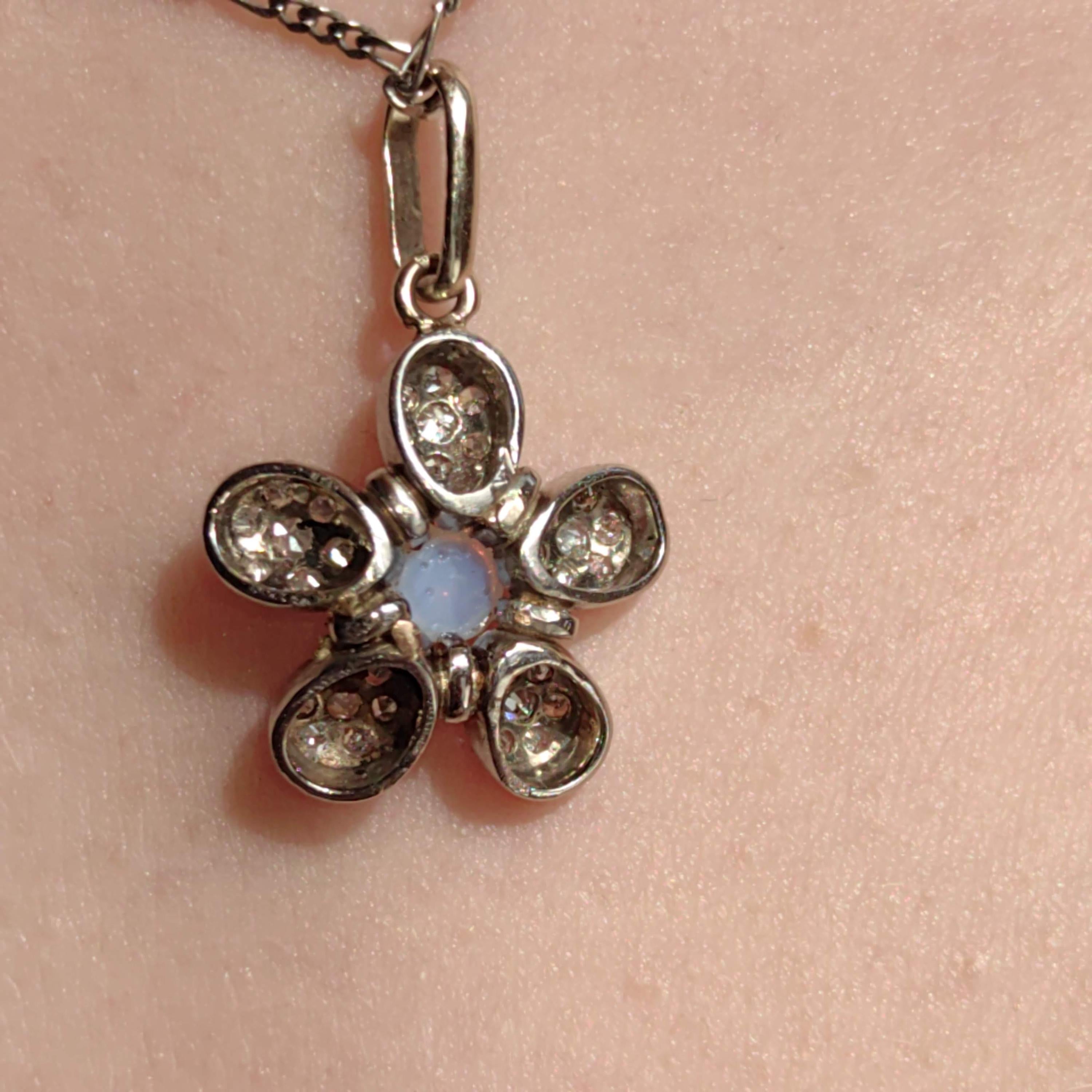 Art Deco Diamond Moonstone Flower Pendant: 18k White Gold Charm