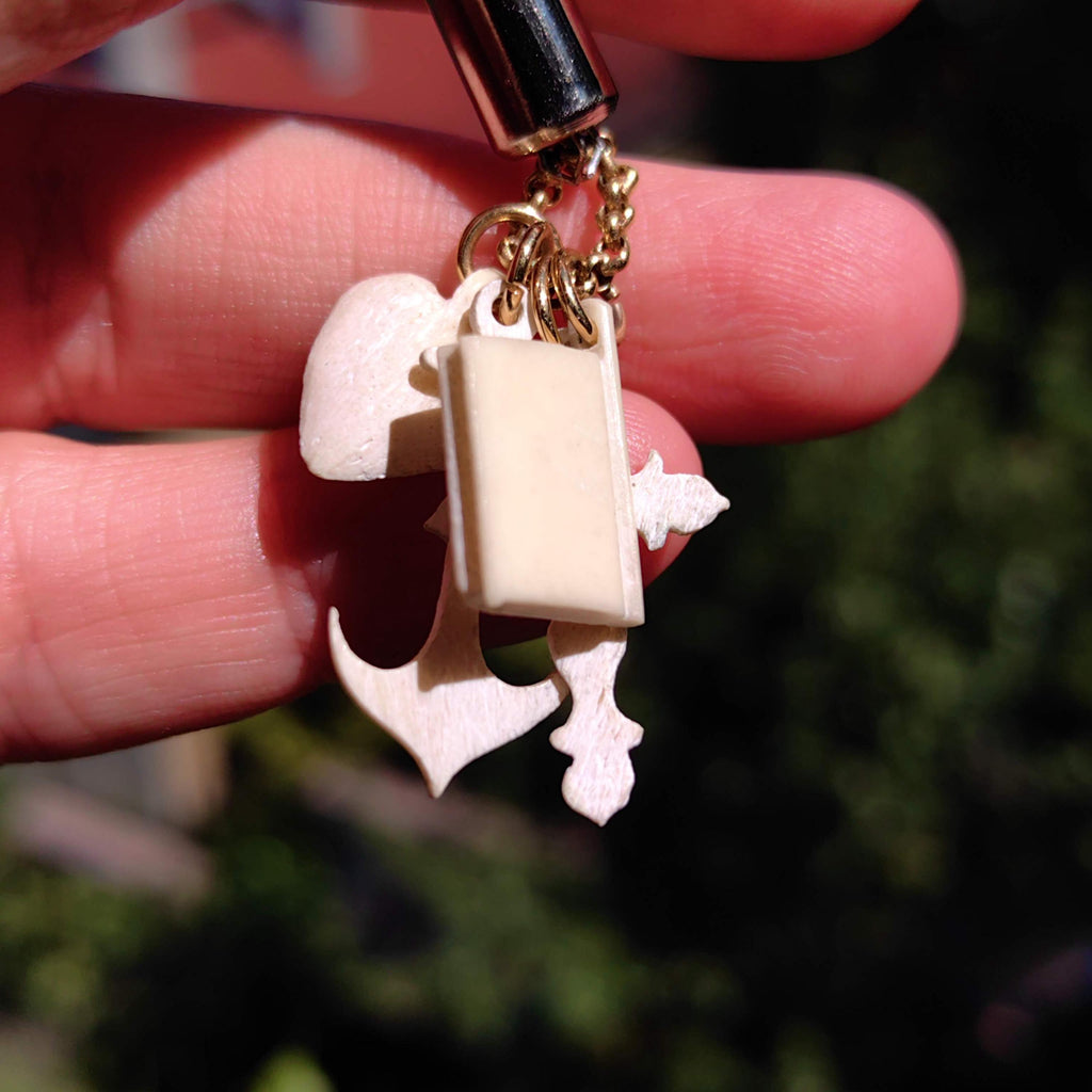 Victorian Bone Charm Pendant: 14k Gold Heart, Cross, Anchor, Book