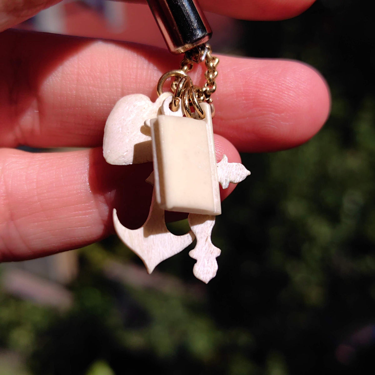 Victorian Bone Charm Pendant: 14k Gold Heart, Cross, Anchor, Book