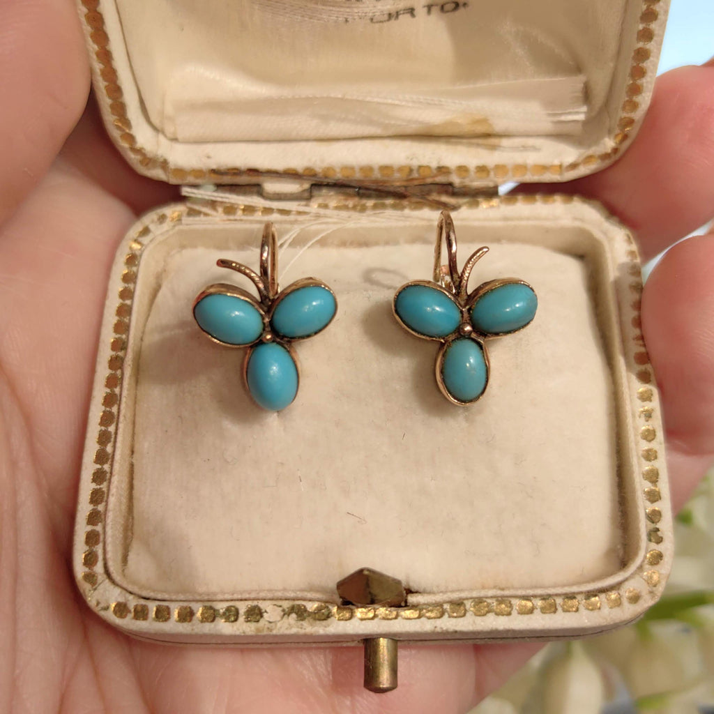 Antique 14k Gold Turquoise Earrings: Art Nouveau Trefoil Sleepers