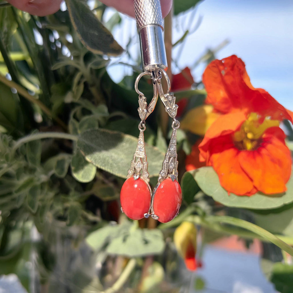 Art Deco Coral Diamond Earrings: 14k Yellow Gold Dangle Earrings