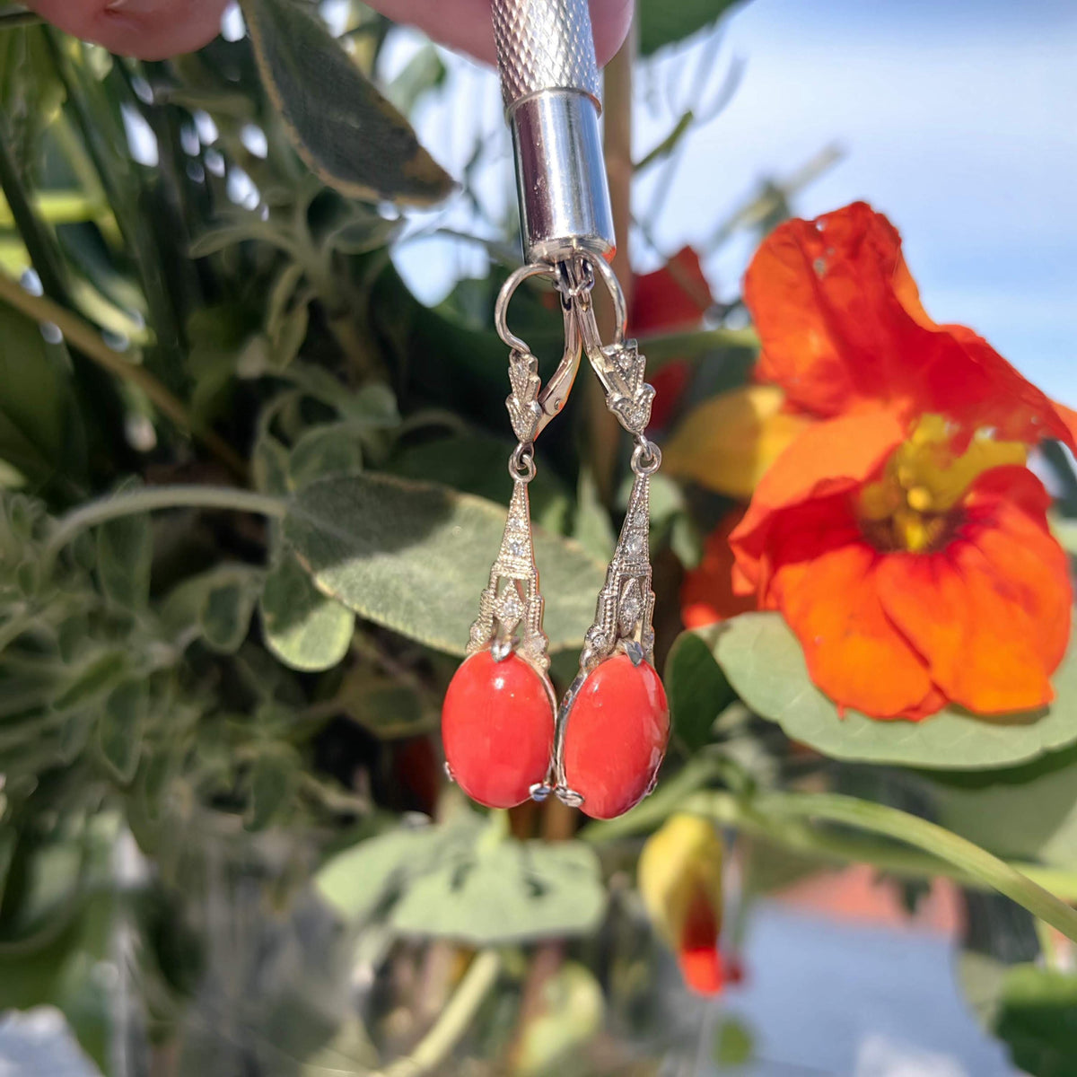 Art Deco Coral Diamond Earrings: 14k Yellow Gold Dangle Earrings