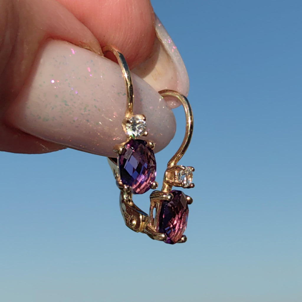 Vintage 14k Gold Amethyst & Diamond Drop Earrings: 1950s Dormeuse Sleepers
