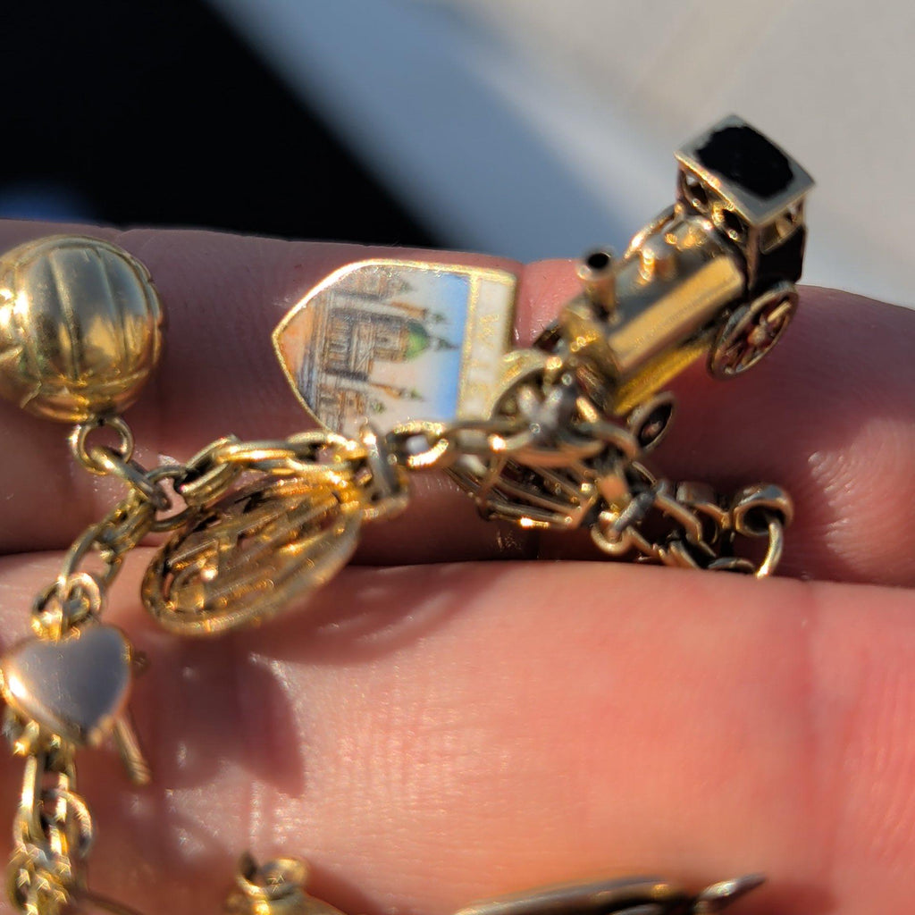 1920s Hallmarked 14k Gold Charm Bracelet, Whimsical Statement Antique Bracelet, 21 cm, 26.8g, Mixed Era Charms, Estate Gift