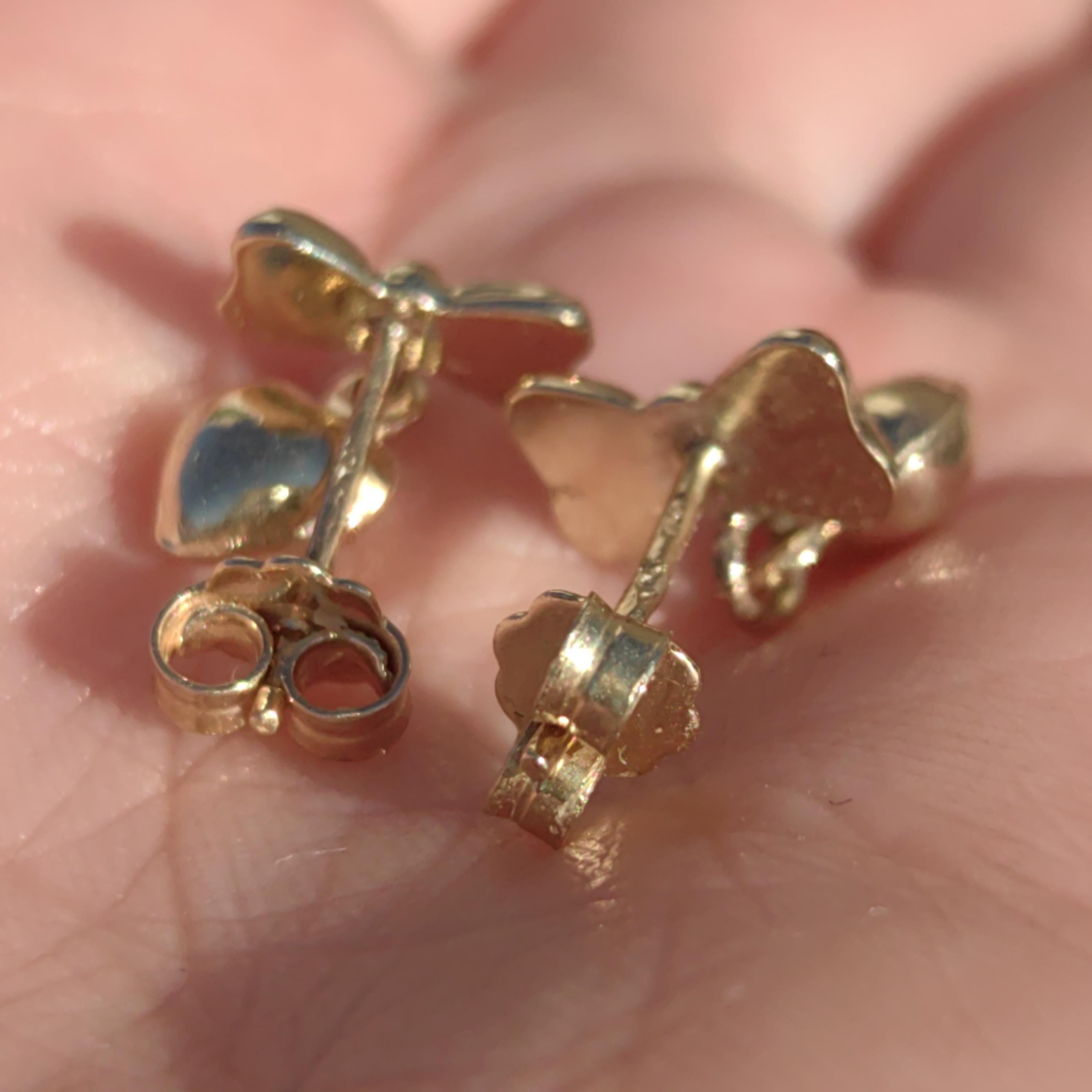 Vintage 14K Solid Yellow Gold Bow Heart Shaped Dainty Earrings Romantic Dangle Studs Push Back Closure Drop Earrings