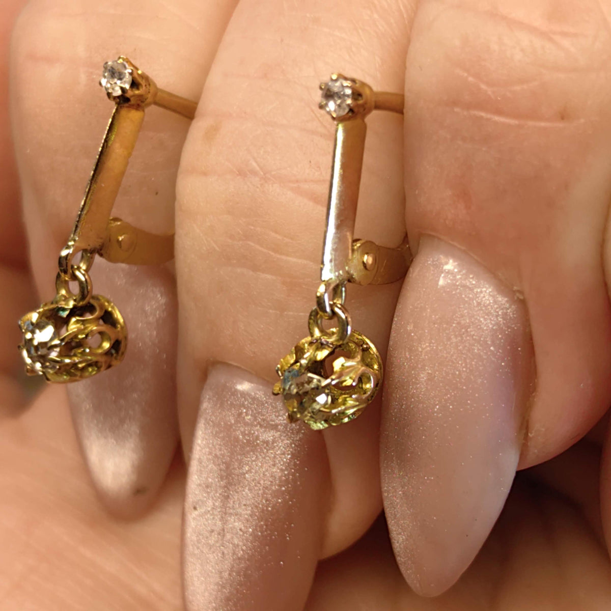 Original 1920s Art Deco Solitaire Dangle 0.30 ct. Bezel setting Diamonds Solid Hallmarked 18k Gold Antique Sleepers Dormouse Earrings