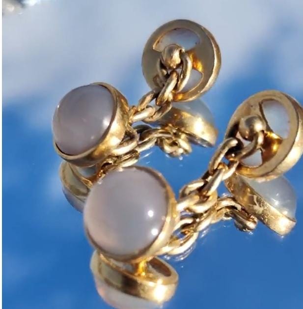 Antique 14k Yellow Rose Gold Natural Moonstone Elegant Cufflinks 1900s Art Nouveau Chevalier Mens Accessories Gift for Him