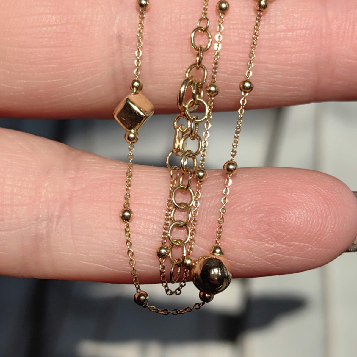 Vintage 14k Solid Yellow Gold Elegant Classic  cm Beaded Geometric Cube Minimalist Chain Necklace Gift for her Present